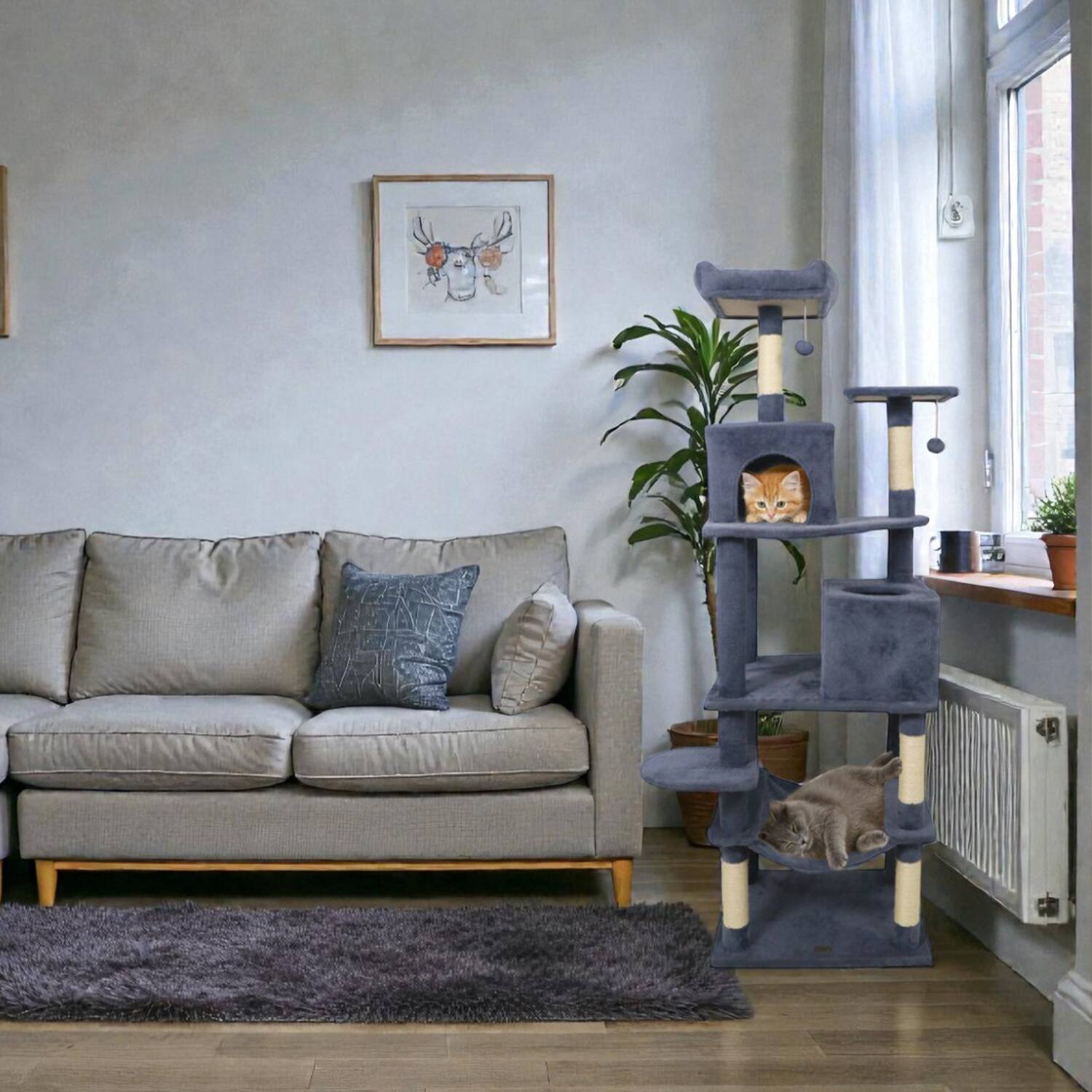 Front. BreeBe - Multi-Tier Cat Tree Featuring Two Cat Condos and Padded Perch - Dark Gray.