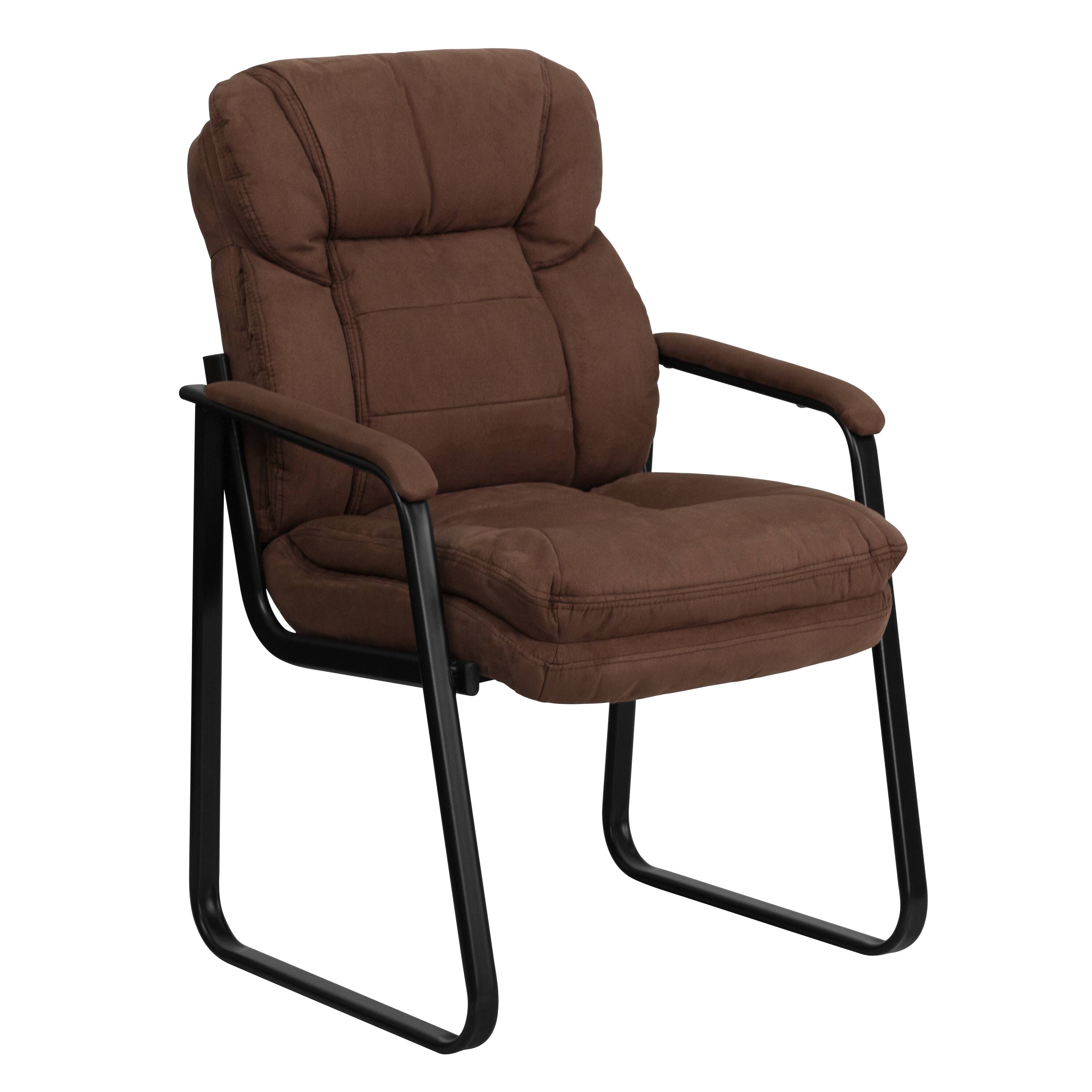 Emma + Oliver - Executive Side Reception Chair with Lumbar Support and Sled Base - Brown Microfiber