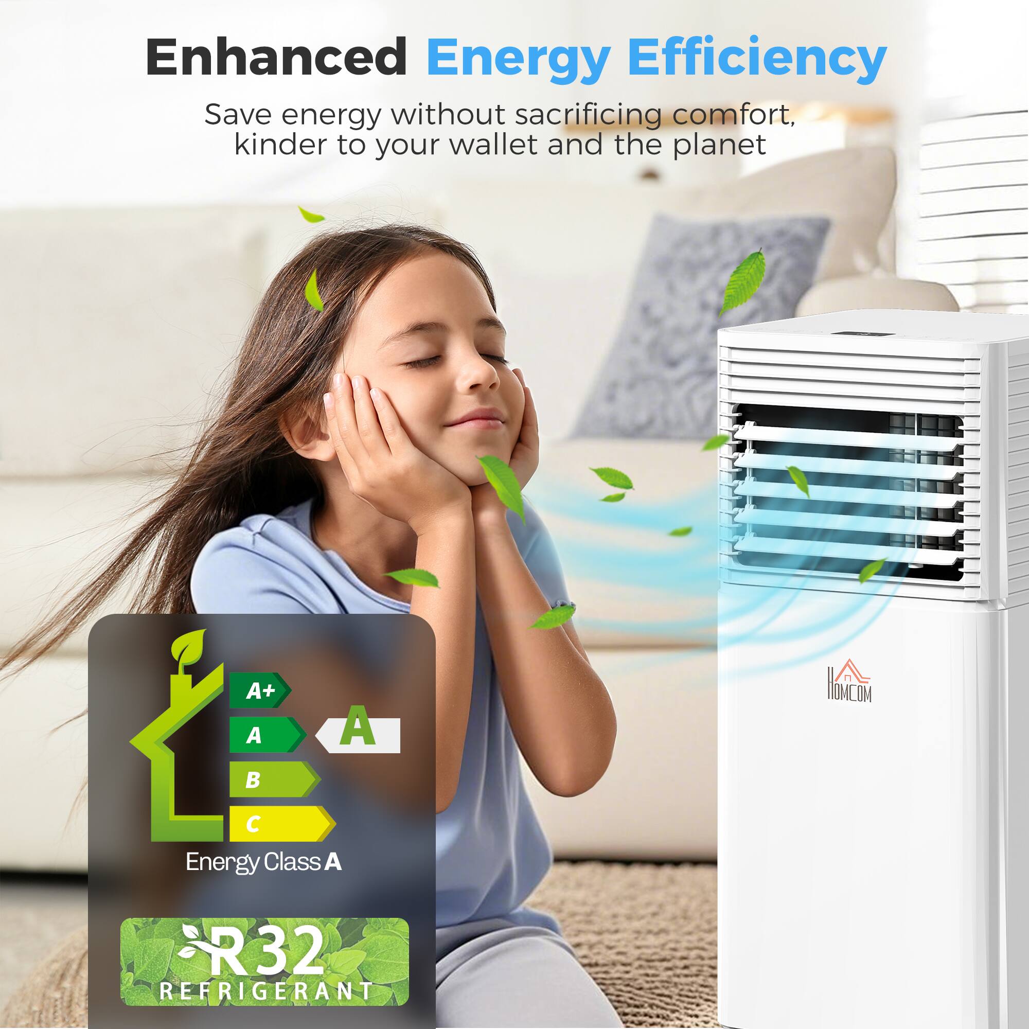 Enhanced Energy Efficiency  
Save energy without sacrificing comfort, kinder to your wallet and the planet  

A+ A  
A  
B  
C  
Energy Class A  

R32 REFRIGERANT
