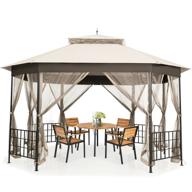 Alt View 4. Mondawe - 10x12ft Freestanding Octagonal Patio Gazebo w/ Netting Sidewalls, Outdoor Metal Frame Canopy with PU Top - Beige.