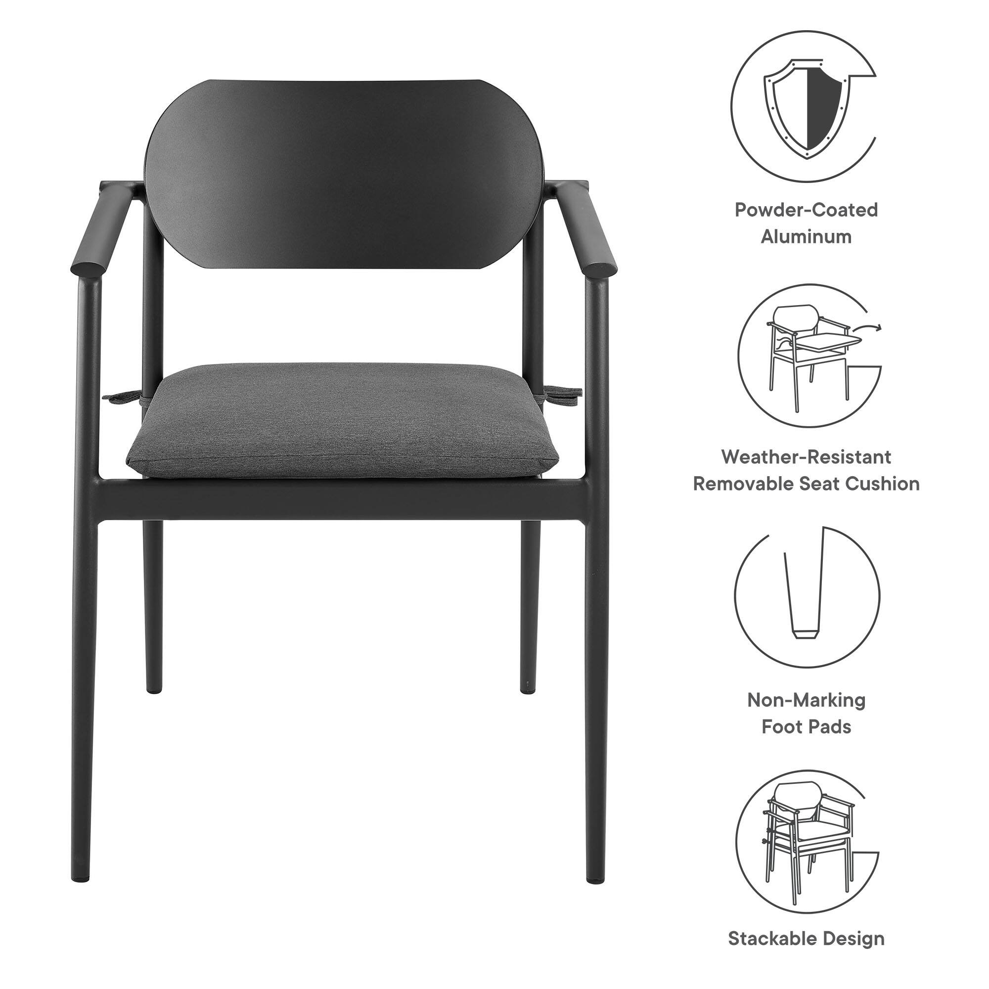 - Powder-Coated Aluminum
- Weather-Resistant Removable Seat Cushion
- Non-Marking Foot Pads
- Stackable Design