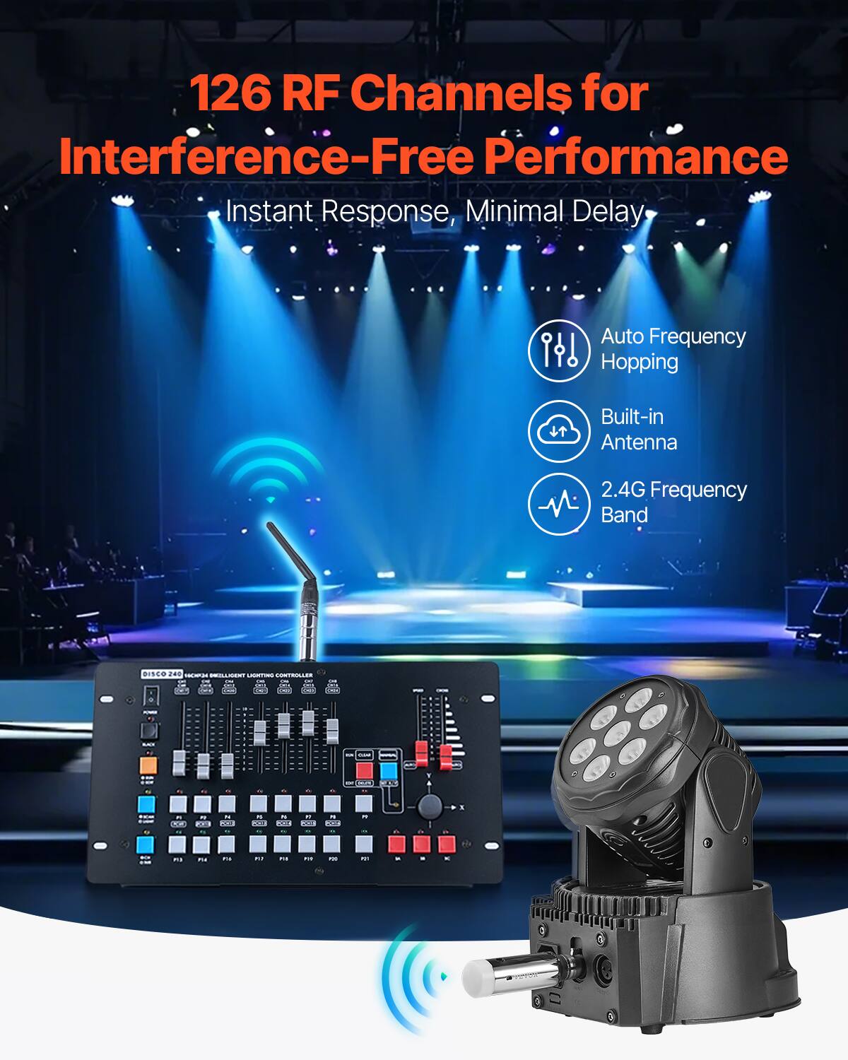 126 RF Channels for Interference-Free Performance  
Instant Response, Minimal Delay  

- Auto Frequency Hopping  
- Built-in Antenna  
- 2.4G Frequency Band  

DISCO 240  
HIGH POWER LIGHTING CONTROLLER