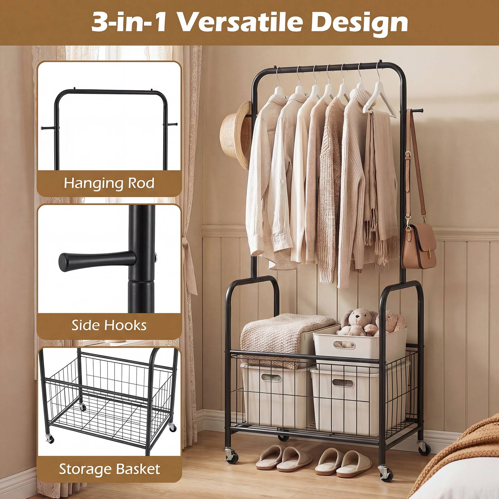 3-in-1 Versatile Design

- Hanging Rod
- Side Hooks
- Storage Basket
