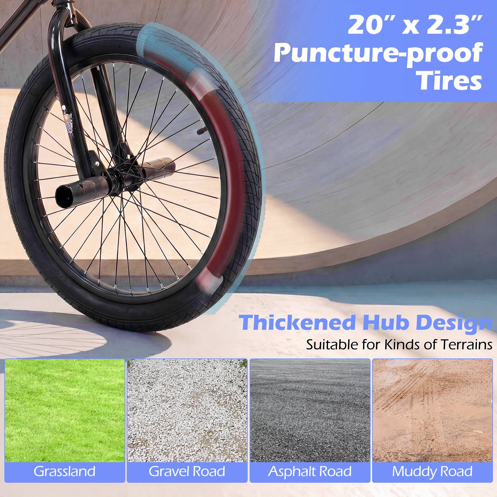 20" x 2.3" Puncture-proof Tires  
Thickened Hub Design  
Suitable for Kinds of Terrains  
Grassland  
Gravel Road  
Asphalt Road  
Muddy Road