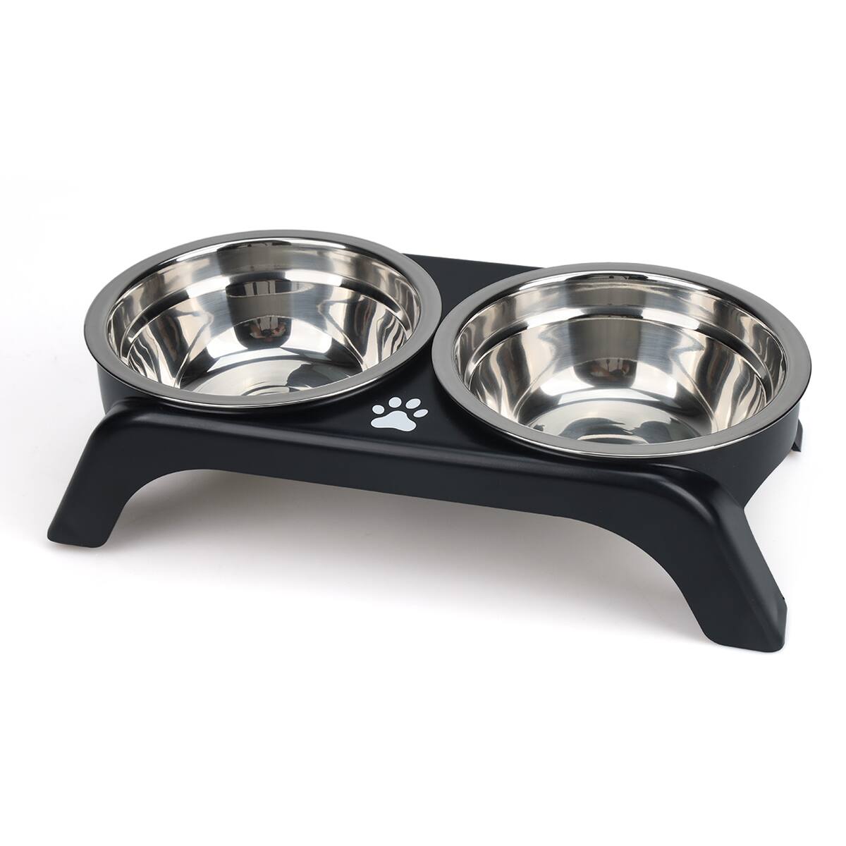 Angle. Supet - Stainless Steel Double Bowl with Raised Stand for Puppies & Cats - Black.