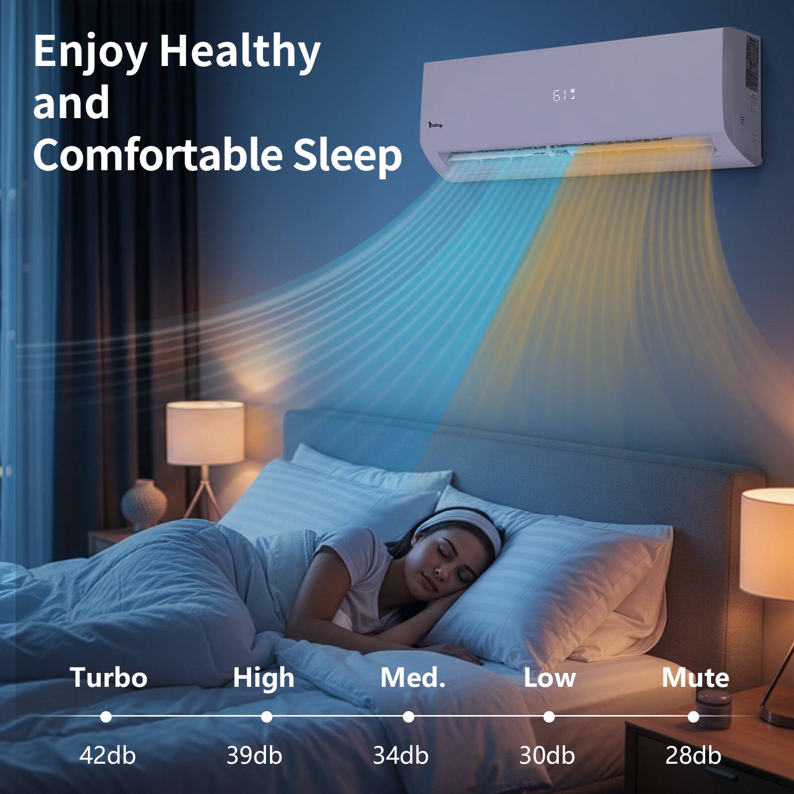 Enjoy Healthy and Comfortable Sleep

Turbo: 42db  
High: 39db  
Med.: 34db  
Low: 30db  
Mute: 28db