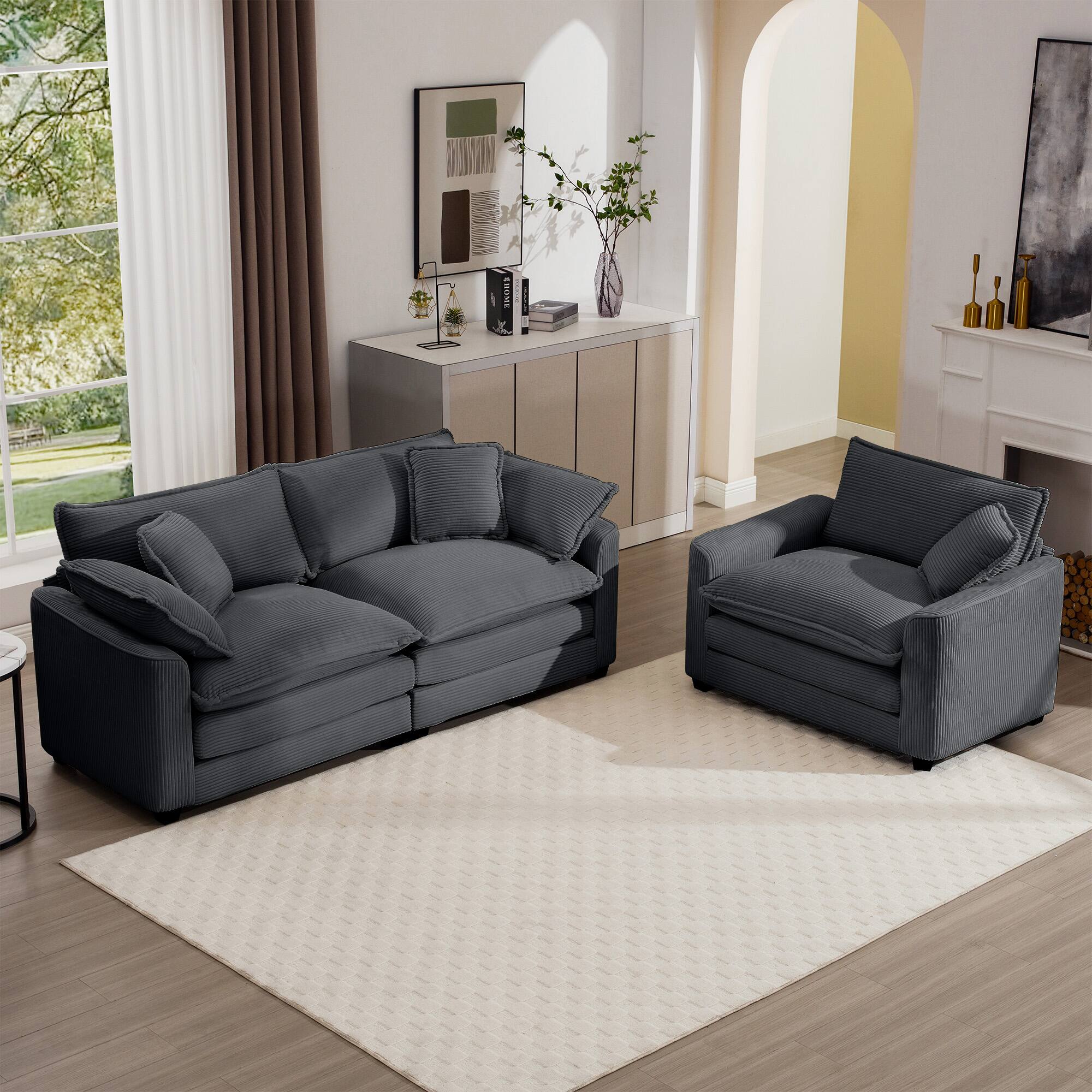 Left. LOVMOR - 3 Seater Corduroy Sofa Set Easy Assembly Memory Foam For Living Room Bedroom Club Soft Textured Lounge Home TV - Grey.