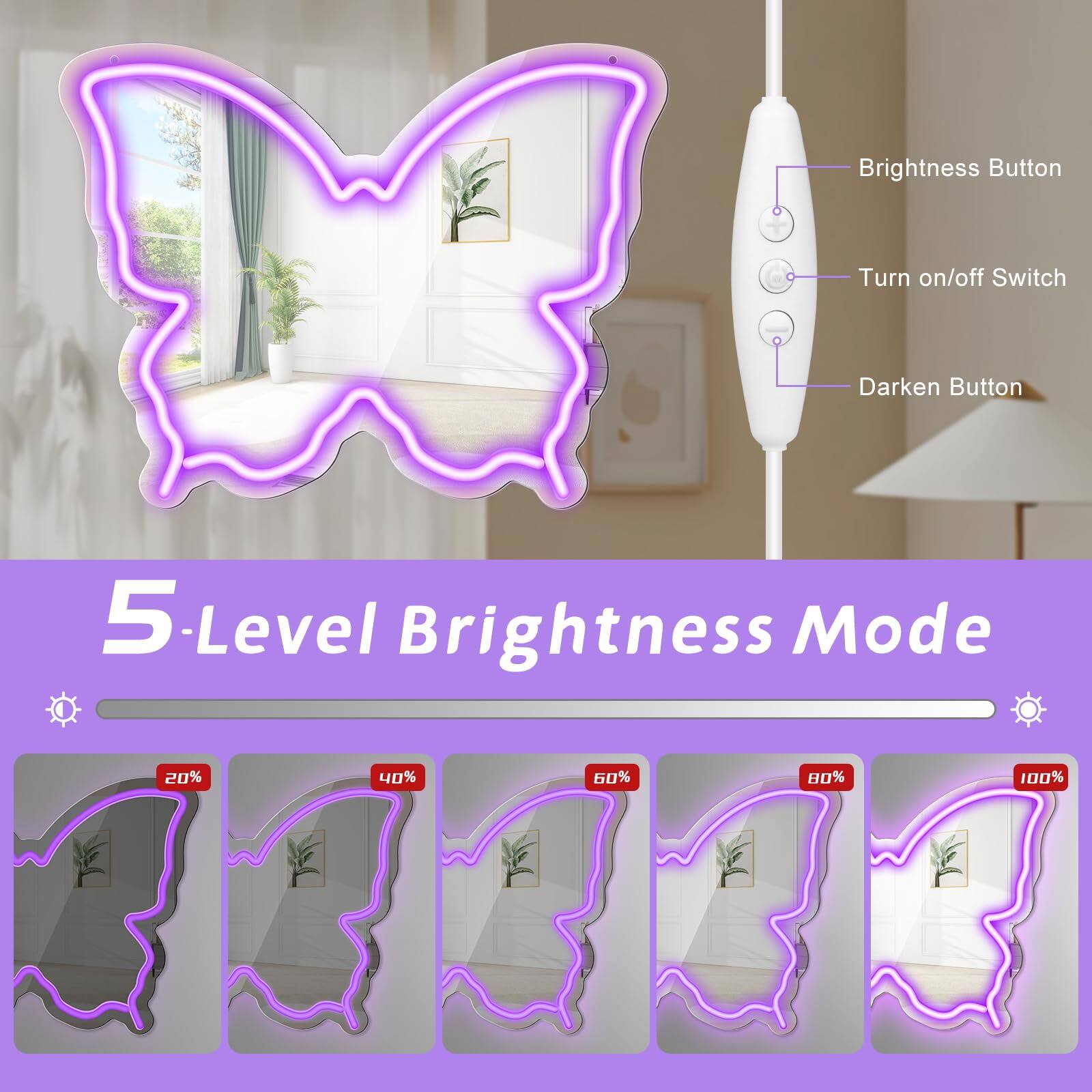 Brightness Button  
Turn on/off Switch  
Darken Button  

5-Level Brightness Mode  
20%  
40%  
60%  
80%  
100%