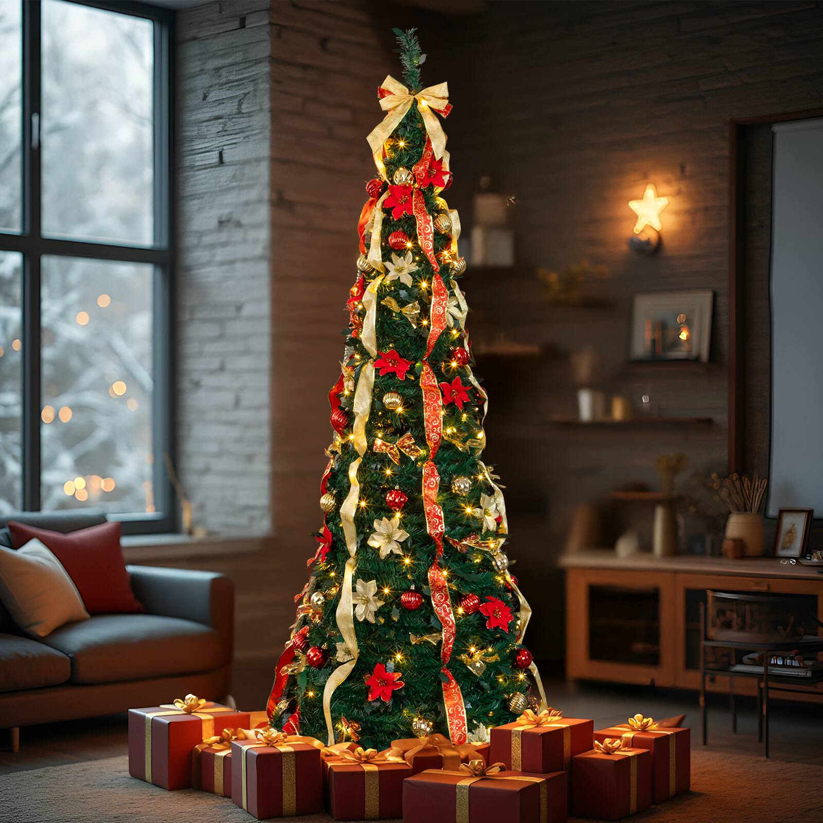Alt View 10. VAVSEA - 7 ft Fully Decorated Pre-Lit Pop Up Christmas Tree with 200 Warm Lights, Remote & Red Gold Ornaments for Holidays - Green.