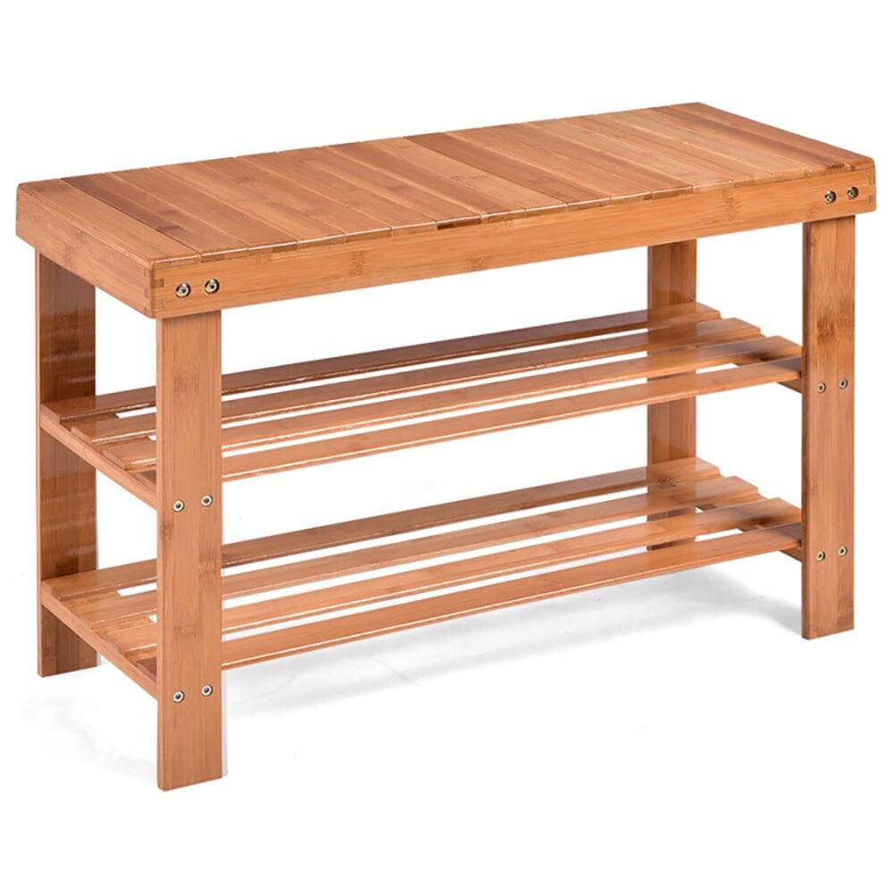 Front. Pefilos - 3 Tier Bamboo Bench Storage Shoe Shelf-Natural, Shoe Storage Organizer for Entryway & Closet - Brown.