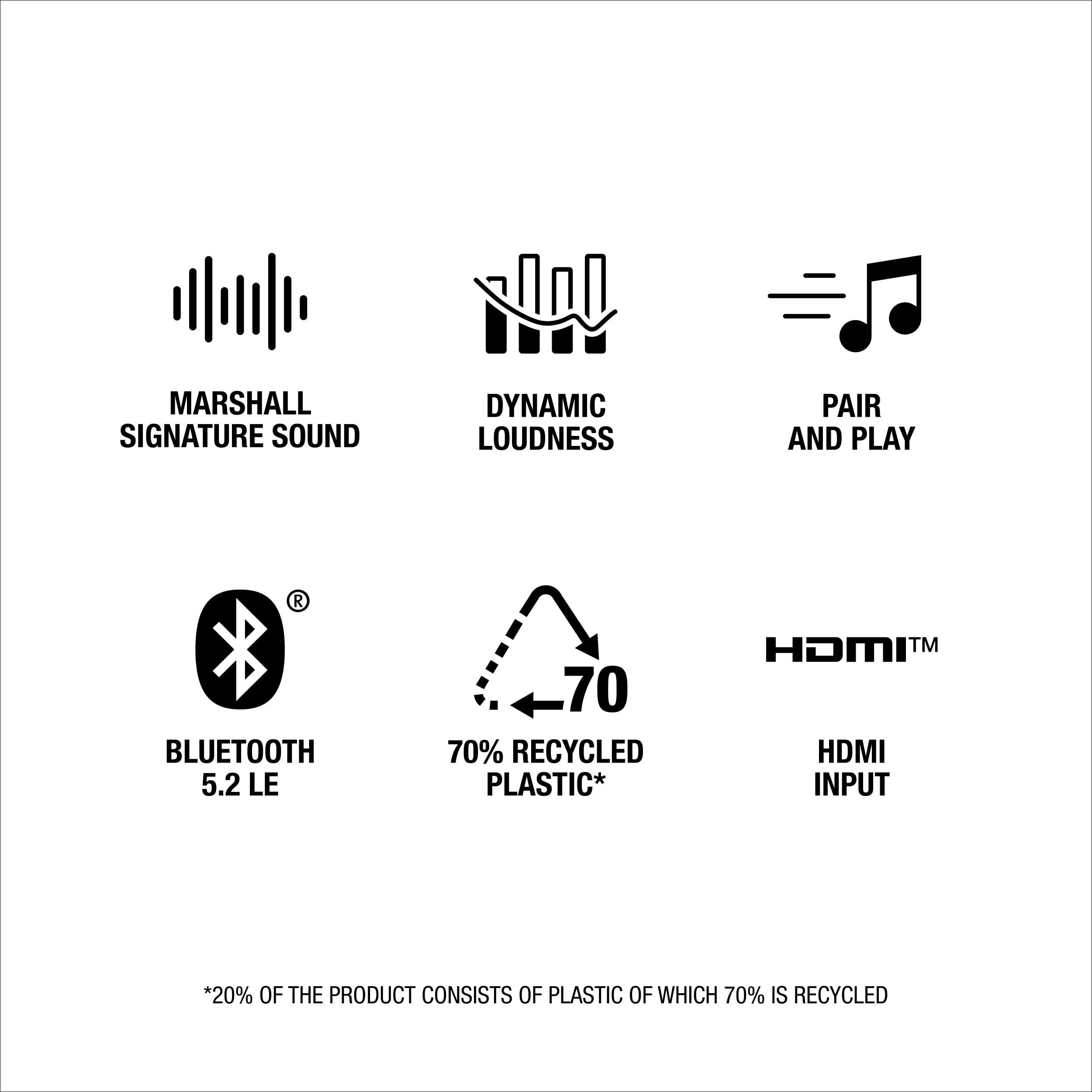 Marshall Signature Sound Dynamic Loudness Pair and Play Bluetooth 5.2 LE 70% Recycled Plastic HDMI TM HDMI Input