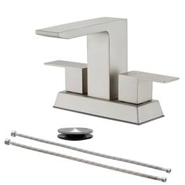 Brushed 4 Inch Centerset Faucet SUS304 Waterfall Spout 1.2GPM Dual Handle Pop Up Drain