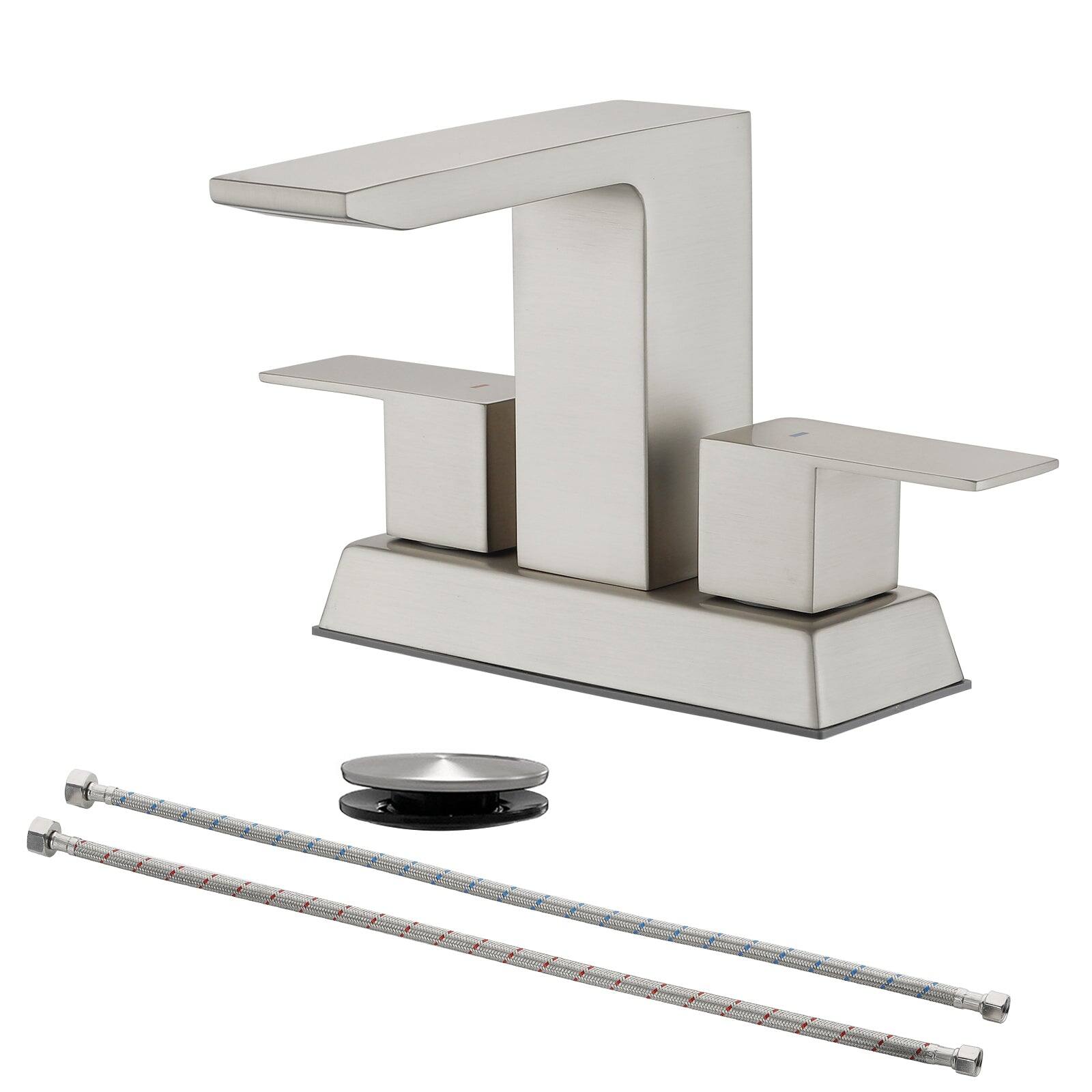 Front. Boyel Living - Brushed 4 Inch Centerset Faucet SUS304 Waterfall Spout 1.2GPM Dual Handle Pop Up Drain - Brushed Nickel.