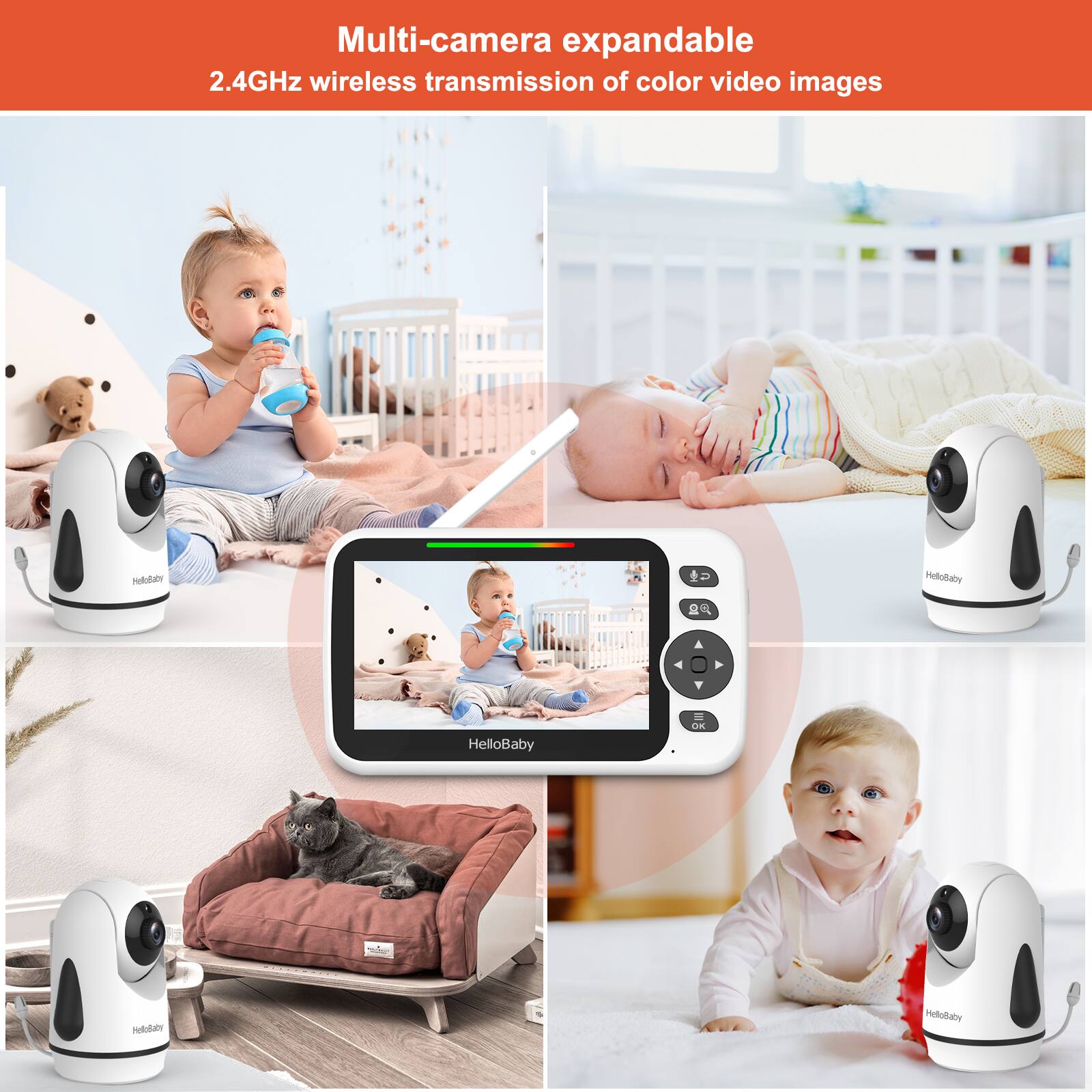 Multi-camera expandable 2.4GHz wireless transmission of color video images HelloBaby HelloBaby HelloBaby