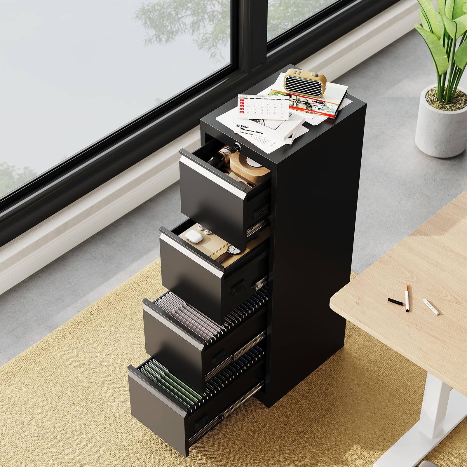 Angle. Jojoka - 4-Drawer Metal File Cabinet with Lock, Narrow Vertical Filing Cabinet for Letter/Legal/A4 Files - Black.