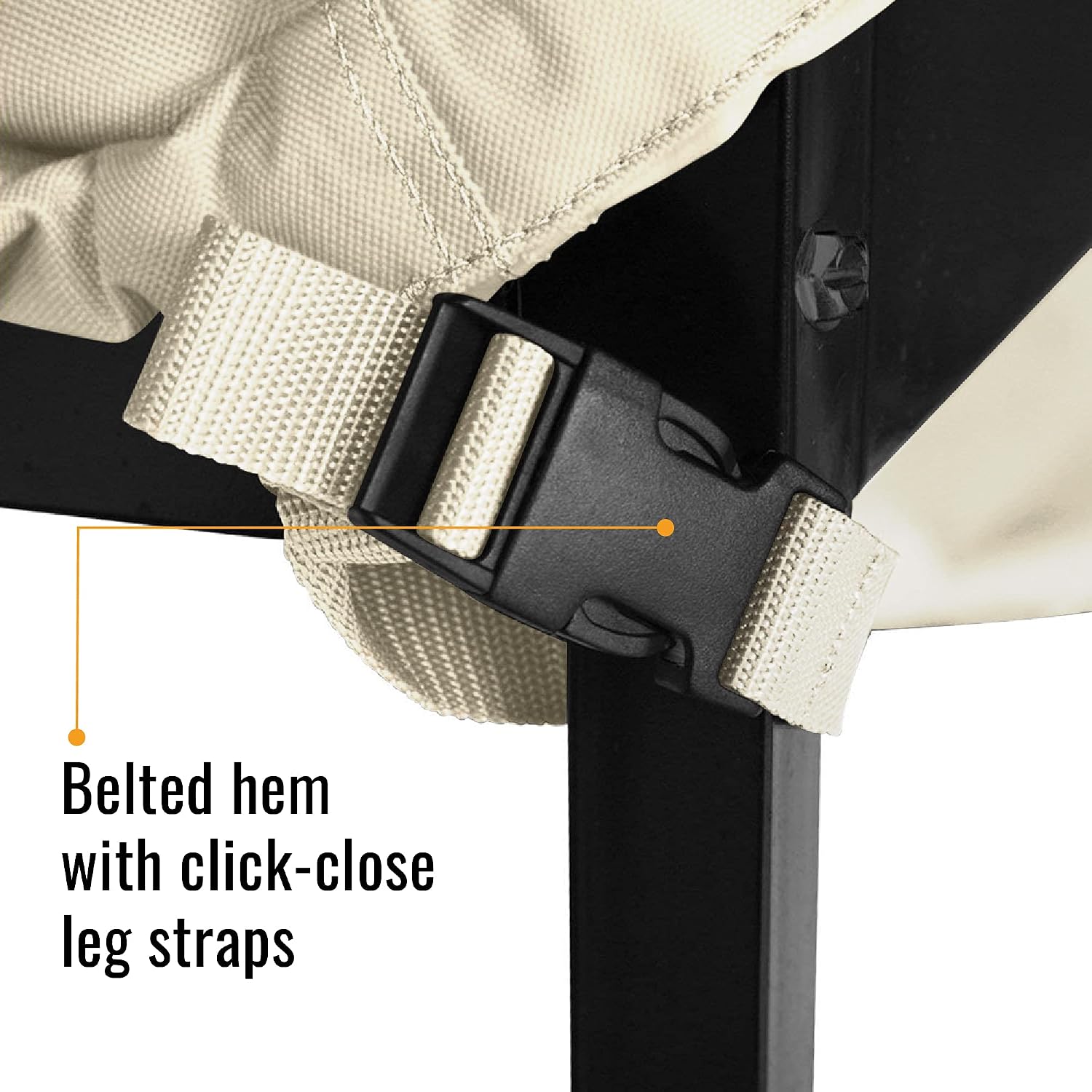 Belted hem with click-close leg straps