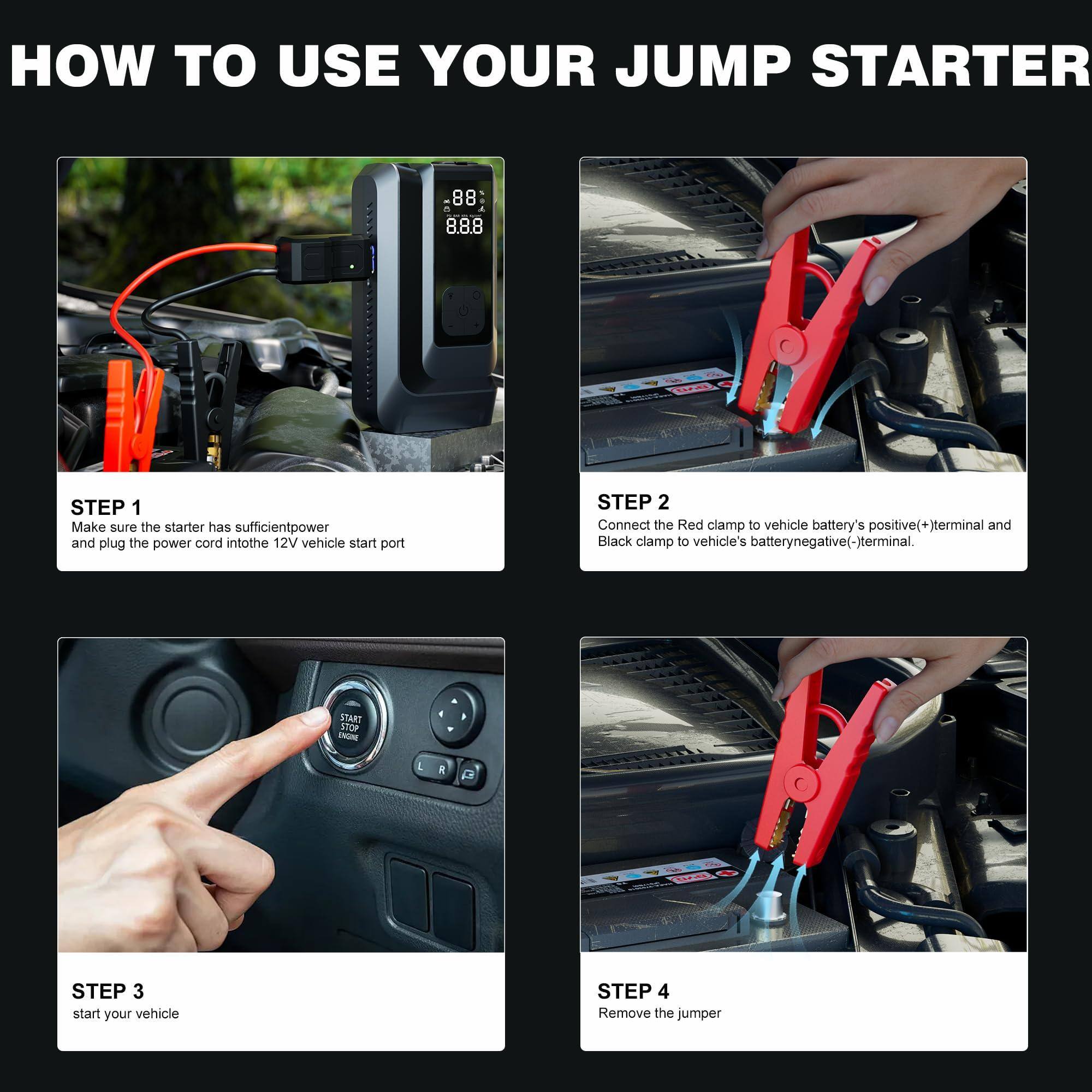 **HOW TO USE YOUR JUMP STARTER**

**STEP 1**  
Make sure the starter has sufficient power and plug the power cord into the 12V vehicle start port.

**STEP 2**  
Connect the Red clamp to vehicle battery's positive (+) terminal and Black clamp to vehicle's battery negative (-) terminal.

**STEP 3**  
Start your vehicle.

**STEP 4**  
Remove the jumper.