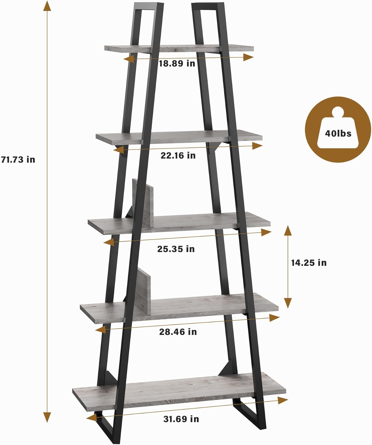 GARVEE - 5-Tier Ladder Bookshelf Tall Rustic Bookcase w/ Open Display Shelves and Sturdy Metal Frame for Living Room,Home Office - Dark Gray