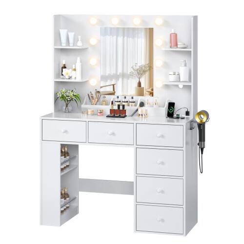Alt View 1. Winado - 6 Drawers Vanity Dressing Table Wooden LED Light Mirror Power Port, Hidden Storage Side Shelves Xmas Gift - White.
