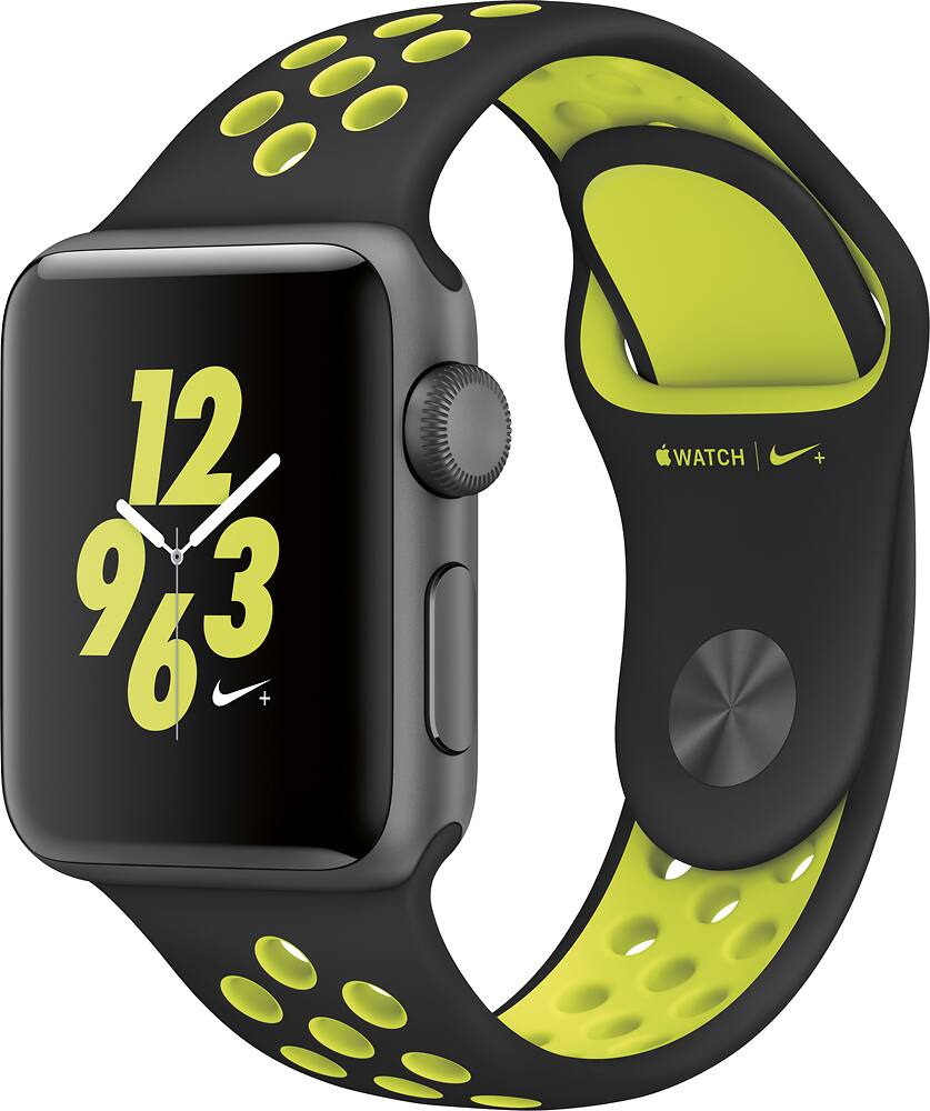 Front. Apple - Geek Squad Certified Refurbished Apple Watch Nike+ 38mm Space Gray Aluminum Case Black/Volt Nike Sport Band - Space Gray Aluminum.