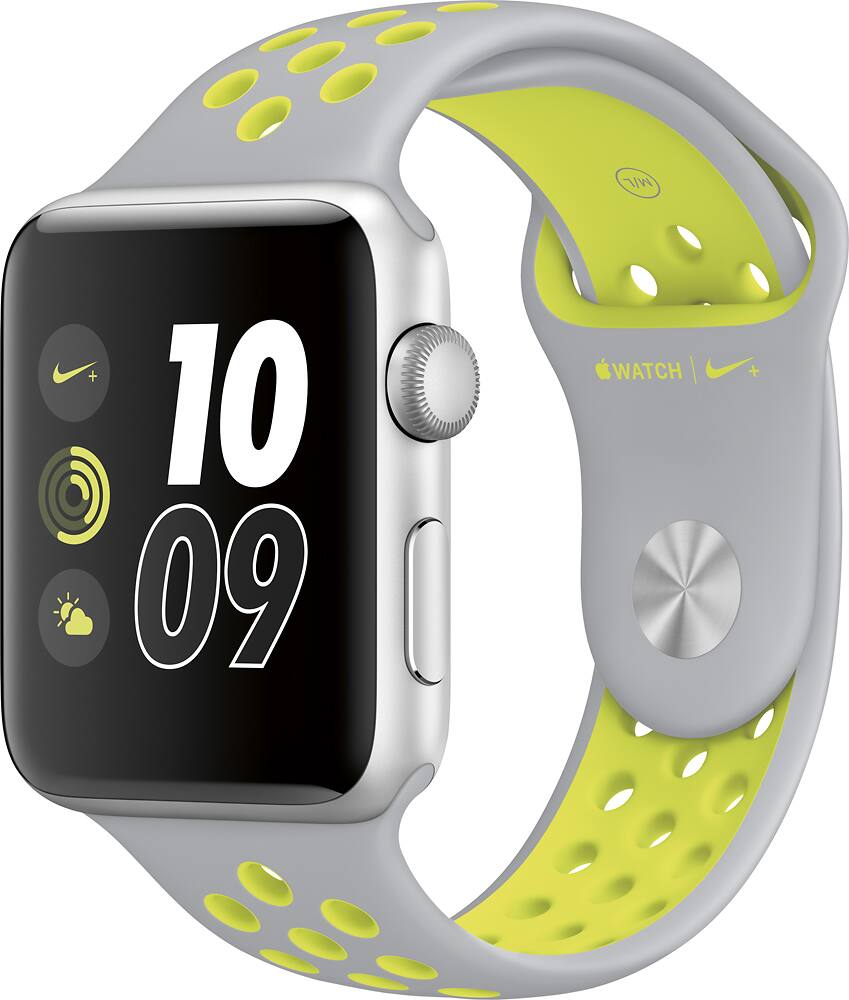 Front. Apple - Geek Squad Certified Refurbished Apple Watch Nike+ 42mm Silver Aluminum Case Silver/Volt Nike Sport Band - Silver Aluminum.