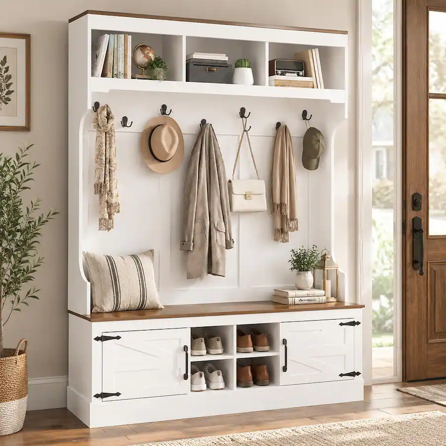 Shoe Rack Winning RYHNUYNE VIBE HAUS 71 in Farmhouse Hall Tree, Entryway Bench, 7 Hooks ...