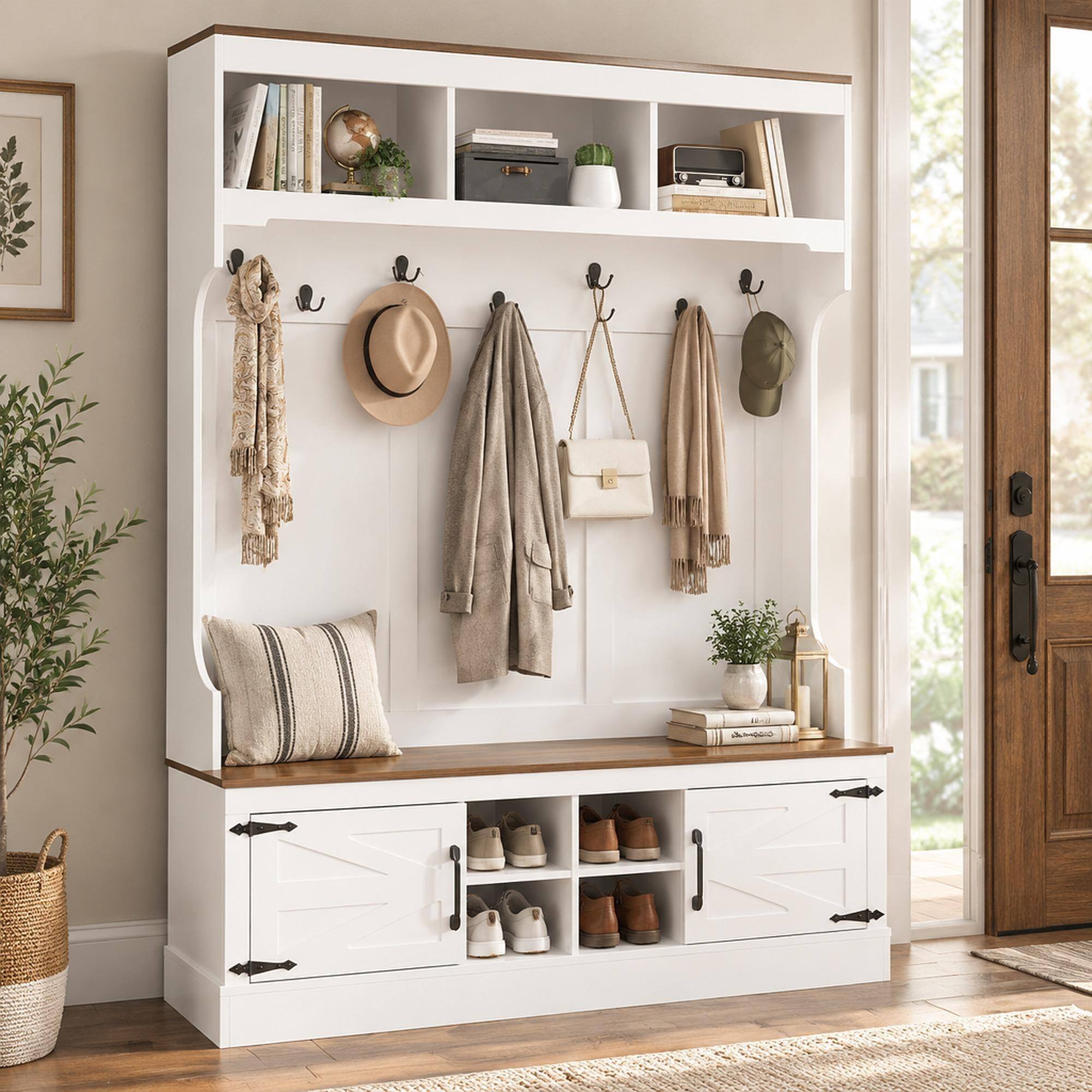 RYHNUYNE VIBE HAUS 71 in Farmhouse Hall Tree, Entryway Bench, 7 Hooks ...