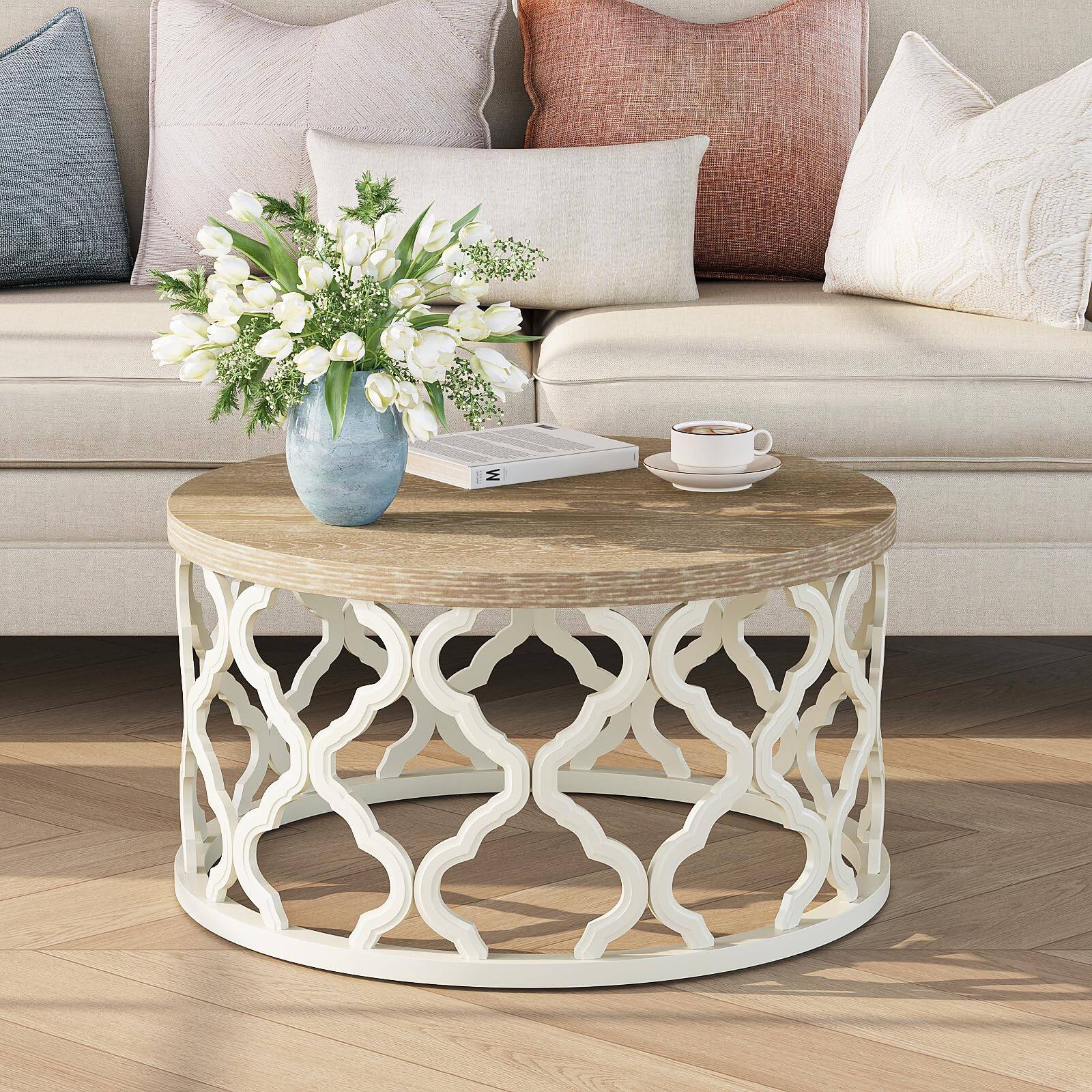 Front. MAGICAL RUBS - Farmhouse Coffee Table  Country Round With Distressed Top Boho Curved Motif Frame Base For Living Room Dining Bedroom - Coffee Table.