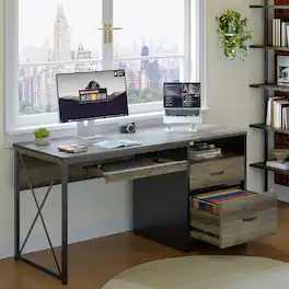 Bestier - 55" Computer Desk with File Cabinet & Keyboard Tray, Large Home Office Desk with Drawers, Sturdy Executive Workstation - Retro Gray Oak Dark