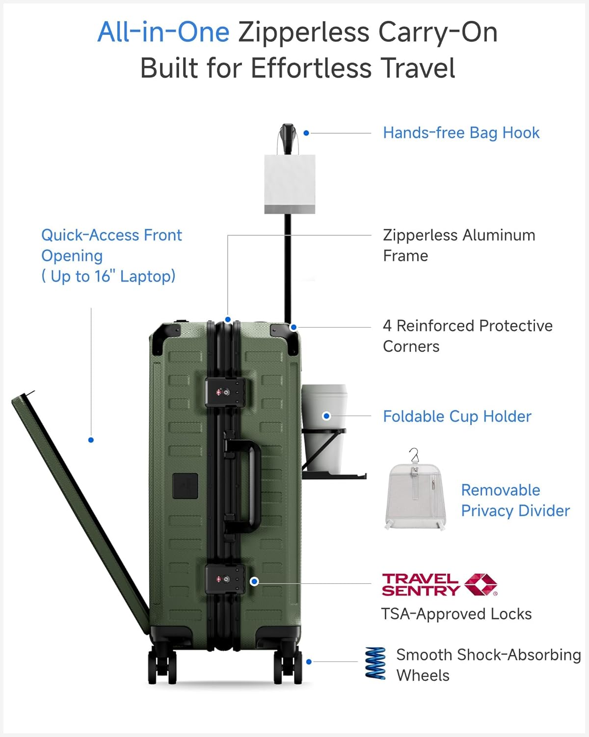 All-in-One Zipperless Carry-On Built for Effortless Travel

- Hands-free Bag Hook
- Quick-Access Front Opening (Up to 16" Laptop)
- Zipperless Aluminum Frame
- 4 Reinforced Protective Corners
- Foldable Cup Holder
- Removable Privacy Divider
- TSA-Approved Locks
- Smooth Shock-Absorbing Wheels