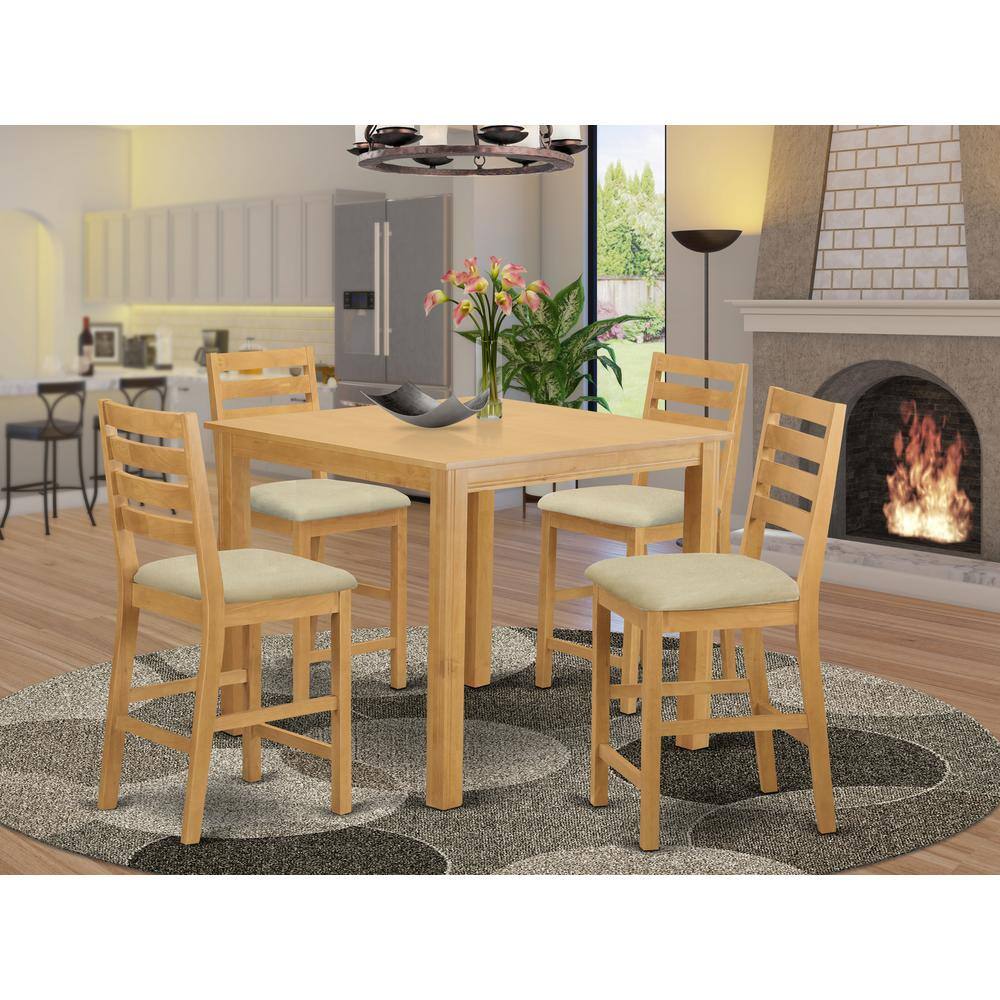Left. East West Furniture - CAFE5-OAK-C 5 PC Dining counter height set - Small Kitchen Table and 4 counter height Chairs. - Oak.