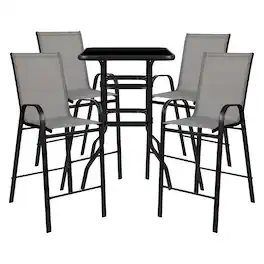 Emma + Oliver - 5 Piece Outdoor Bar Height Set-Glass Patio Bar Table-All-Weather Barstools - Gray