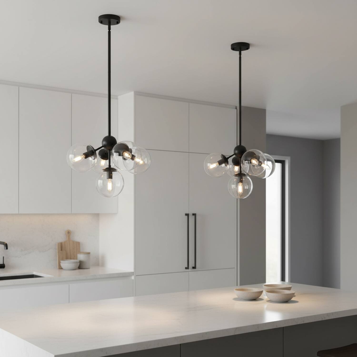 Alt View 6. Umeiluce - 5 Lights Modern Industrial Pendant Lights Clear Large Glass Shade - Matte Black.