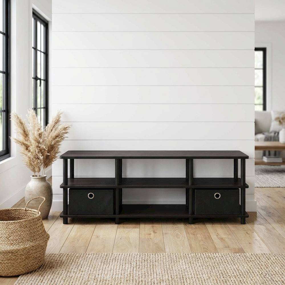 Alt View 1. FurniFact - Espresso/Black TV Stand with Storage Bins and Wood Construction - Brown Black.