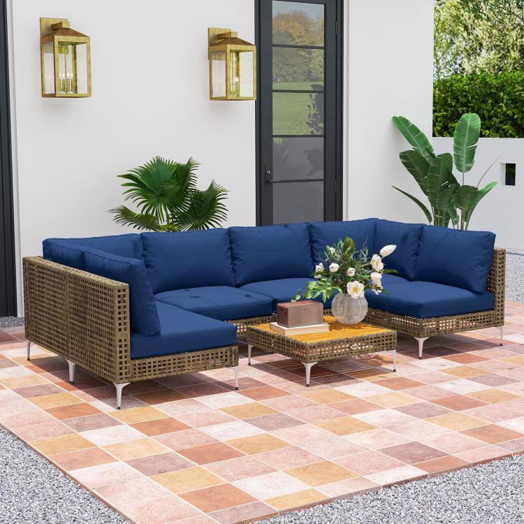 Alt View 2. PULUZ - 7 Piece Wicker Patio Furniture Set, Modular Outdoor Sectional with Thickened Cushions, Acacia Wood Table - Brown/Blue.