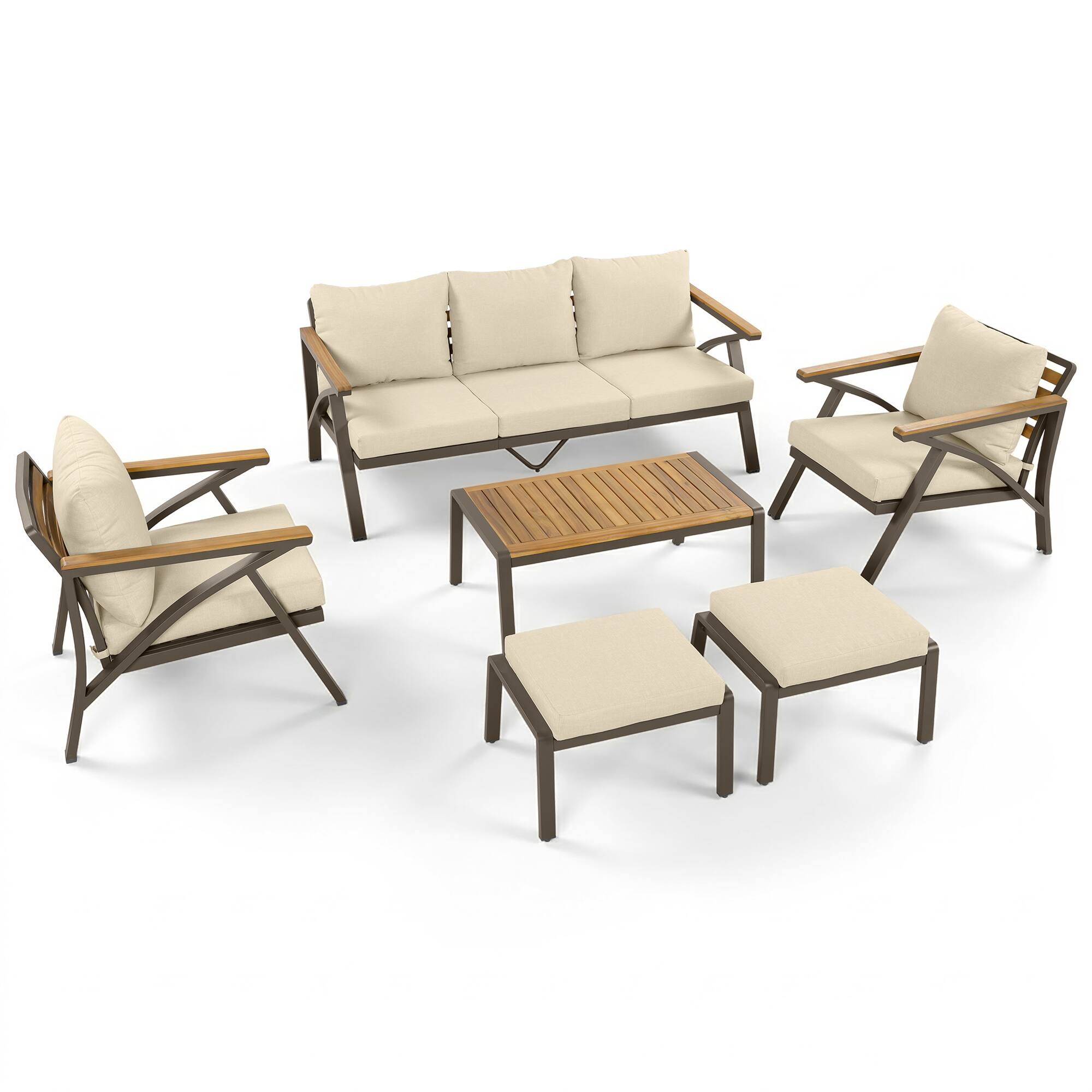 Left. Whisen - 6-Piece Outdoor Patio Furniture Set with Acacia Wood Table, Steel Sofa, Armchairs & Ottomans for Garden - Brown|Beige.
