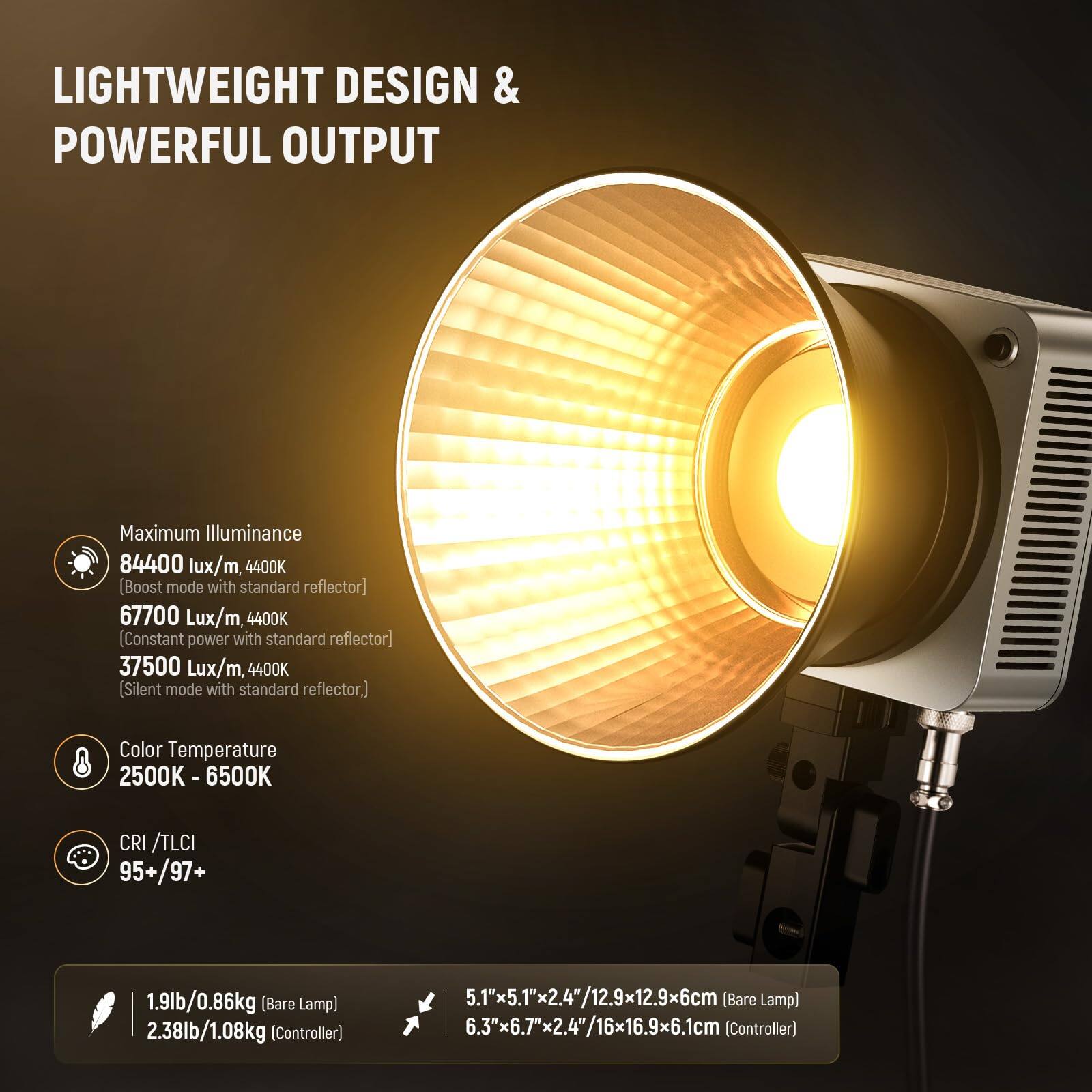 LIGHTWEIGHT DESIGN & POWERFUL OUTPUT

Maximum Illuminance  
84400 lux/m, 4400K (Boost mode with standard reflector)  
67700 Lux/m, 4400K (Constant power with standard reflector)  
37500 Lux/m, 4400K (Silent mode with standard reflector)

Color Temperature  
2500K - 6500K

CRI / TLCI  
95+/97+

1.9lb/0.86kg (Bare Lamp)  
2.38lb/1.08kg (Controller)

5.1"x5.1"x2.4"/12.9x12.9x6cm (Bare Lamp)  
6.3"x6.7"x2.4"/16x16.9x6.1cm (Controller)