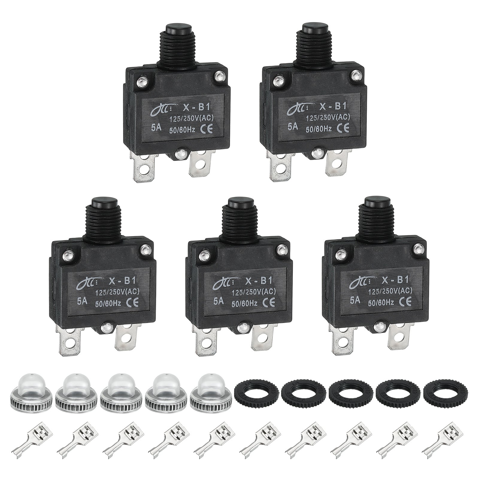 Unique Bargains - 5pcs 5A Thermal Circuit Breaker, 125/250V AC,32V DC, Manual Reset Push Button, Waterproof Caps, Quick Connect X-B1 - Black