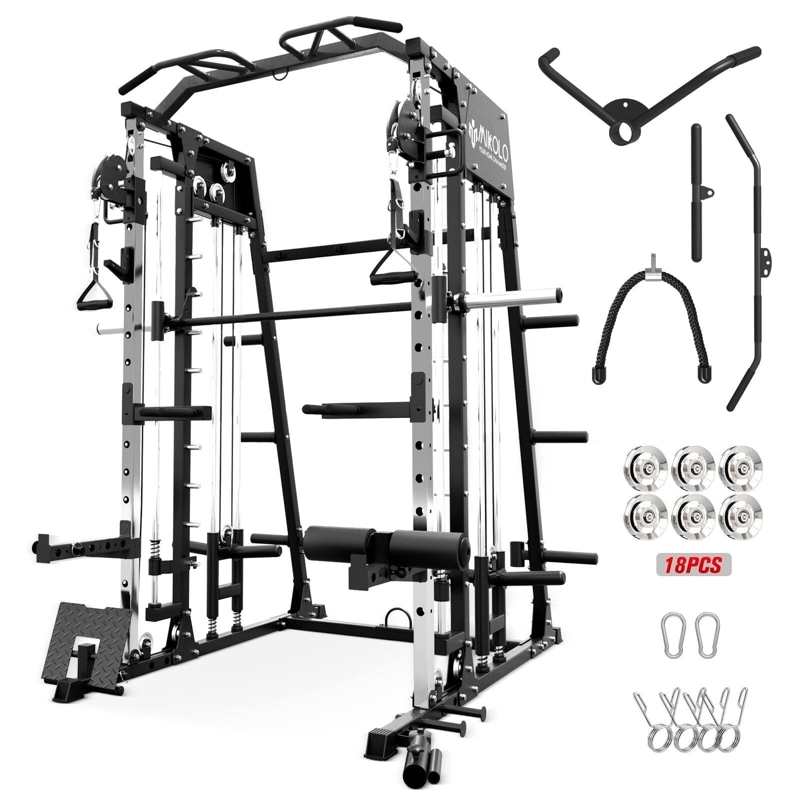 Mikolo - Smith Machine with Aluminum Pulley, 2200 lbs Power Rack Cage with Other Attachments - Black