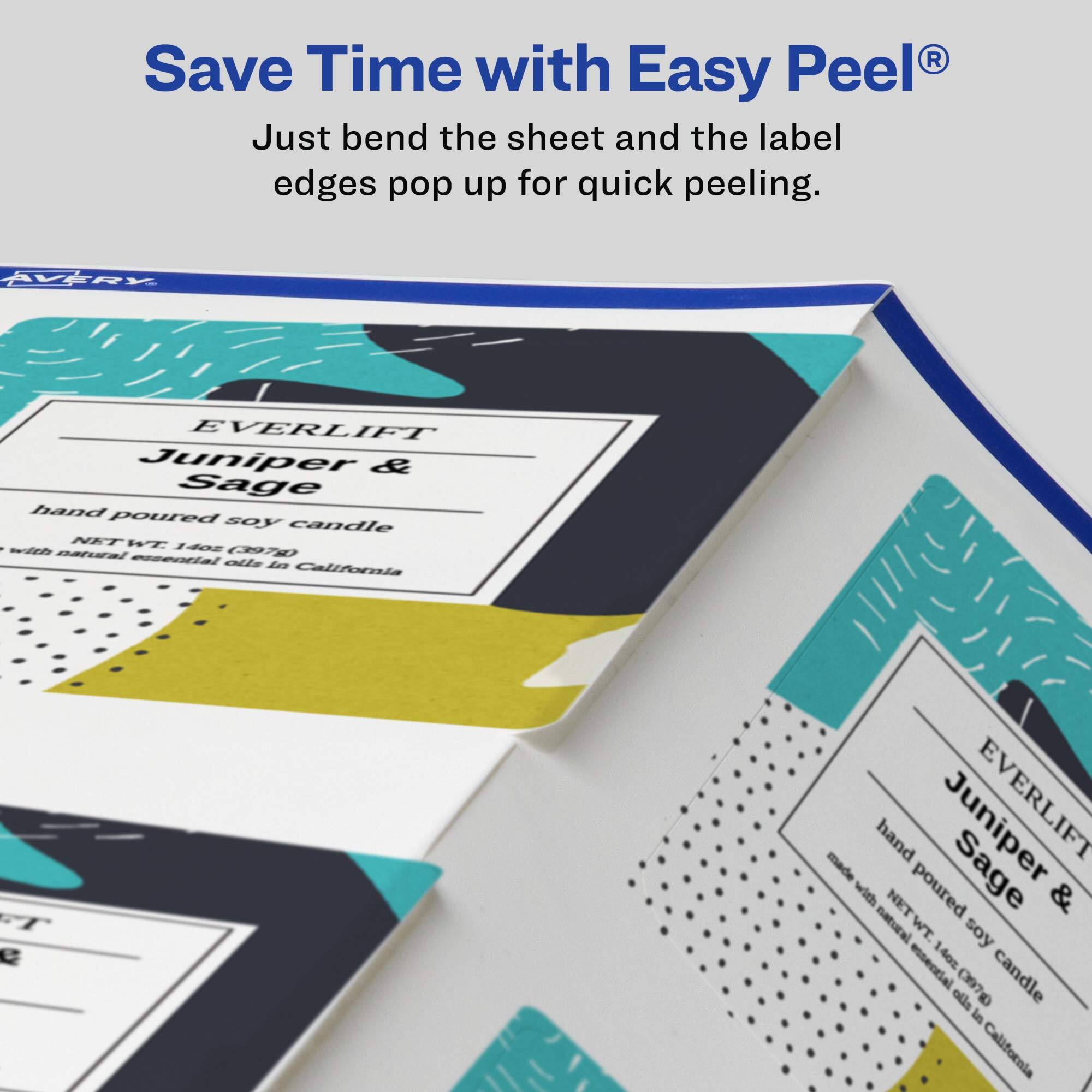 Save Time with Easy Peel®  
Just bend the sheet and the label edges pop up for quick peeling.

AVERY EVERLIFT  
Juniper & Sage  
hand poured soy candle  
NET WT 14oz (397g)  
made with natural essential oils in California