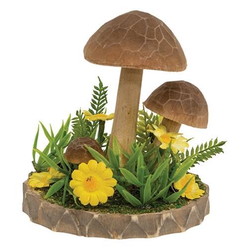 Front. BreeBe - Wooden Floral Mushroom Trio on Base - Brown.