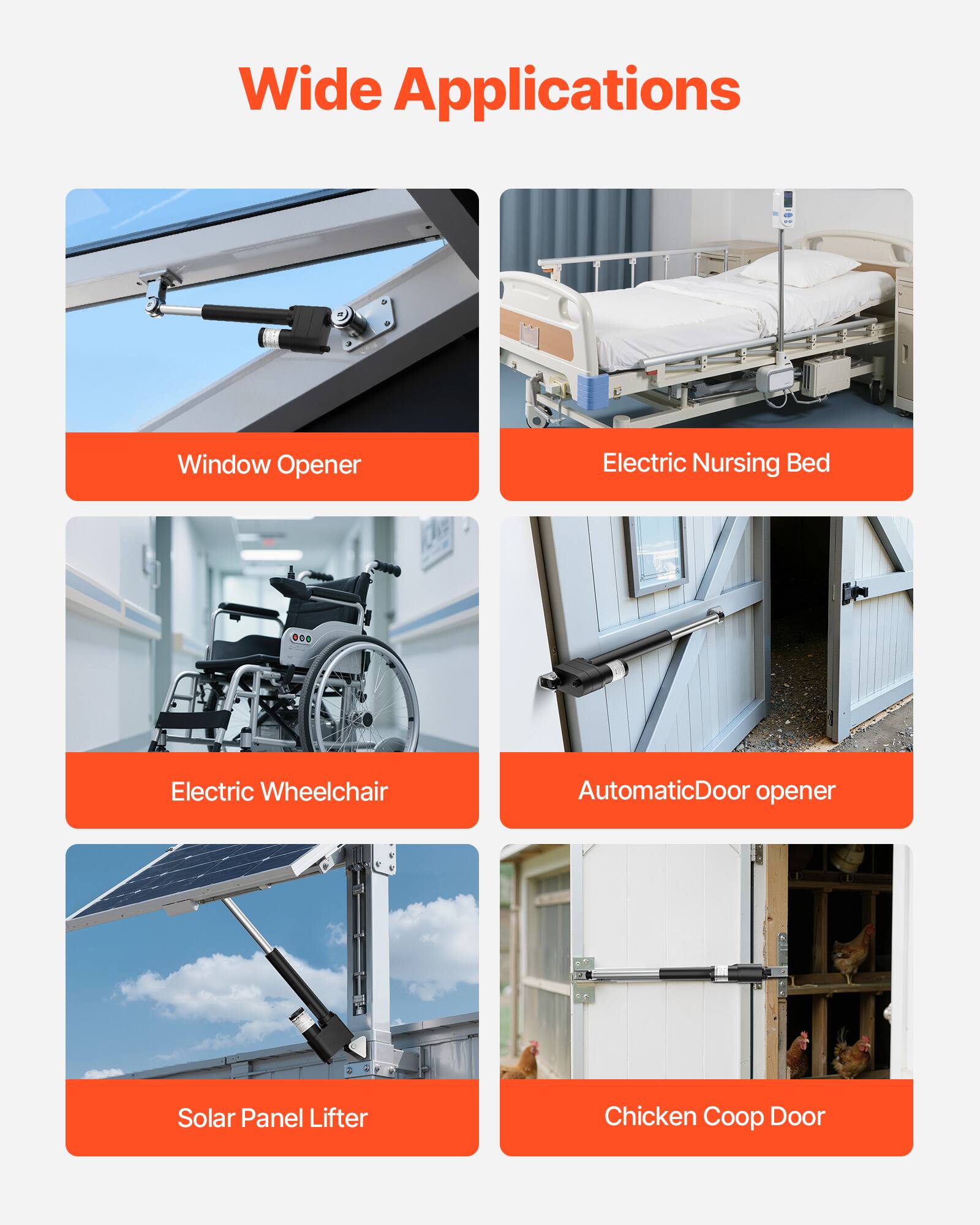 Wide Applications

- Window Opener
- Electric Nursing Bed
- Electric Wheelchair
- Automatic Door Opener
- Solar Panel Lifter
- Chicken Coop Door
