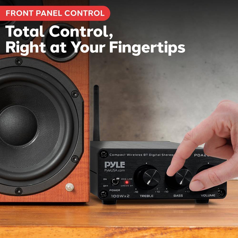 FRONT PANEL CONTROL  
Total Control, Right at Your Fingertips  

Compact Wireless BT Digital Stereo  
PYLE  
PyleUSA.com  

ON BED LINE OFF CREEN  
POWER -10 10 100Wx2  
TREBLE -10 10  
BASS  
VOLUME