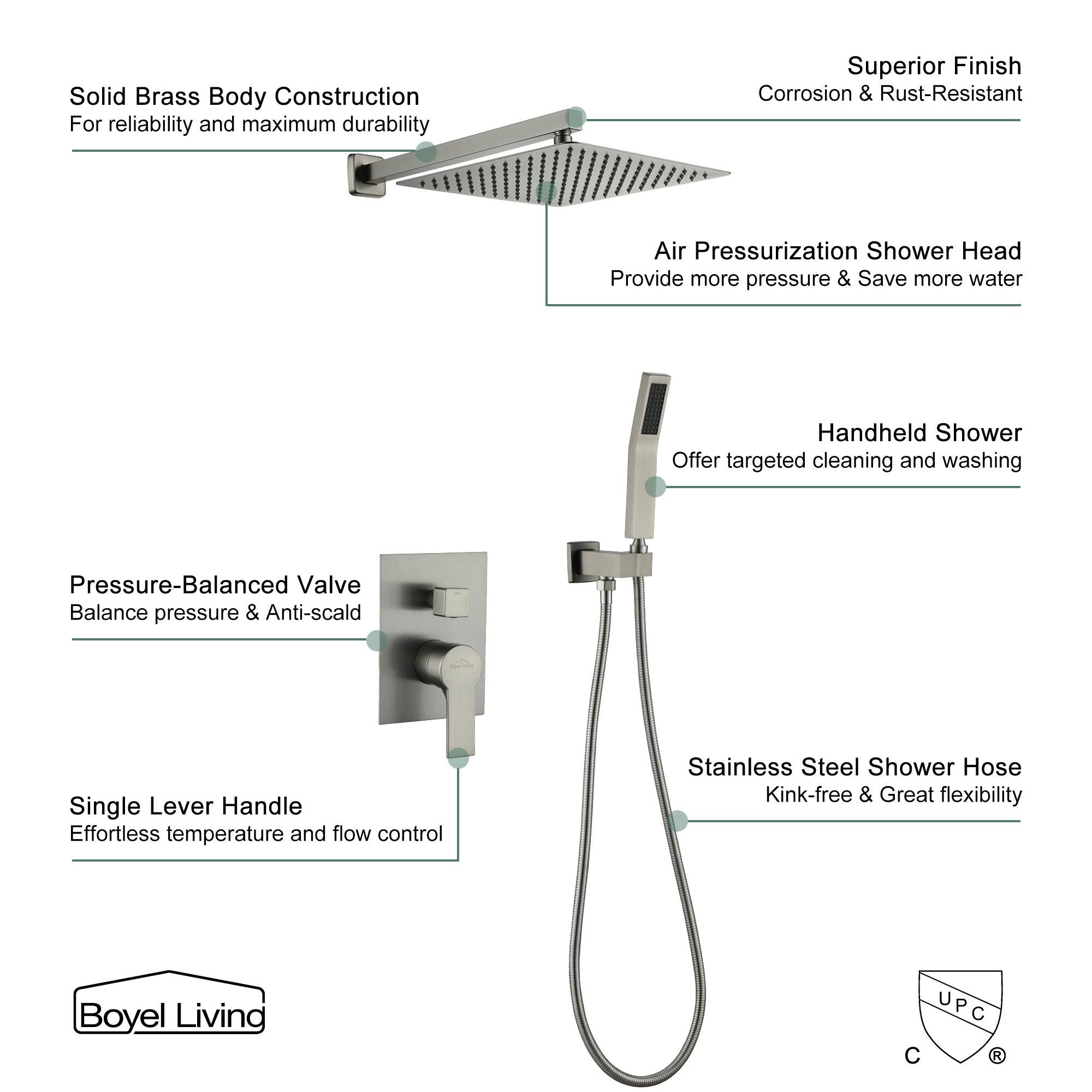 Solid Brass Body Construction, Superior Finish, Air Pressurization Shower Head, Handheld Shower, Pressure-Balanced Valve, Single Lever Handle, Stainless Steel Shower Hose, Boyel Living, UPC C R