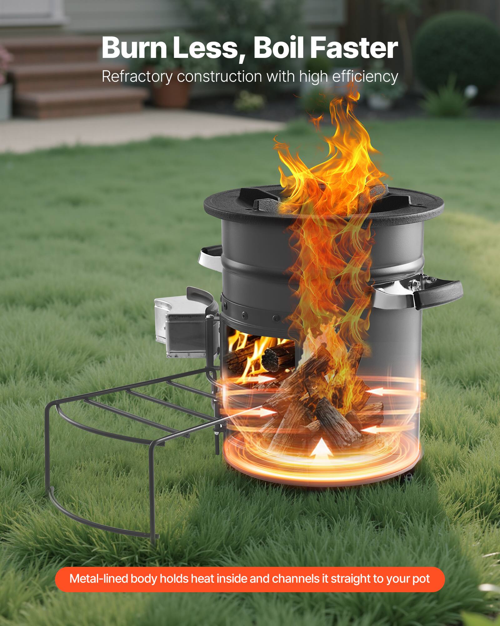 Burn Less, Boil Faster  
Refractory construction with high efficiency  

Metal-lined body holds heat inside and channels it straight to your pot