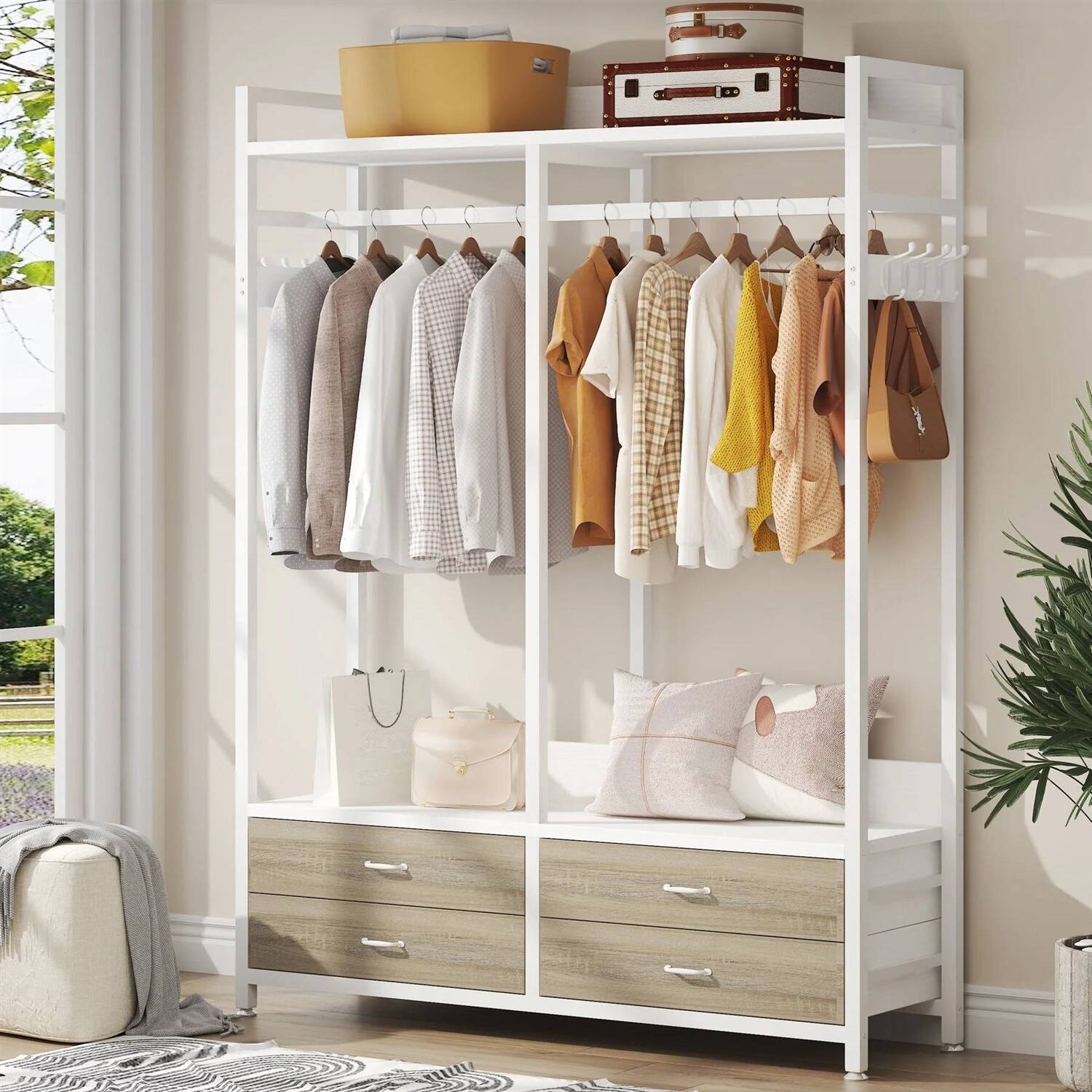 Angle. Hivvago - Freestanding White Oak Garment Rack Clothes Hanging Rod with 4 Storage Drawers - White.