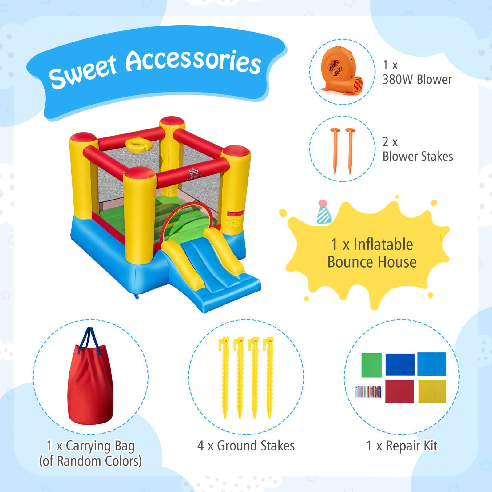 Sweet Accessories  
1 x 380W Blower  
2 x Blower Stakes  
1 x Inflatable Bounce House  
1 x Carrying Bag (of Random Colors)  
4 x Ground Stakes  
1 x Repair Kit