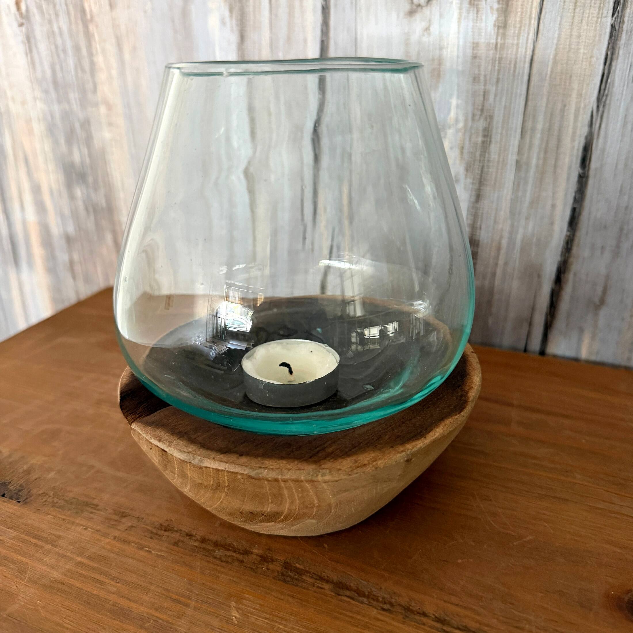 Alt View 7. Things2Die4 - Decorative Glass Candle Lantern Natural Wood Base 6.5 in Handmade Accent - Natural.