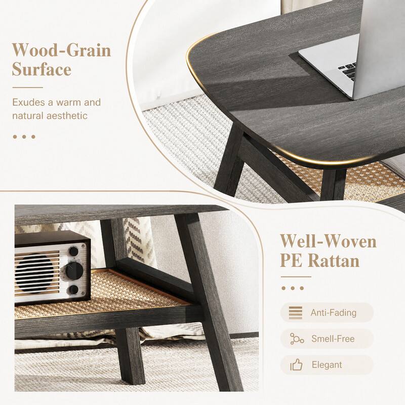 Wood-Grain Surface  
Exudes a warm and natural aesthetic  

Well-Woven PE Rattan  
Anti-Fading  
Smell-Free  
Elegant