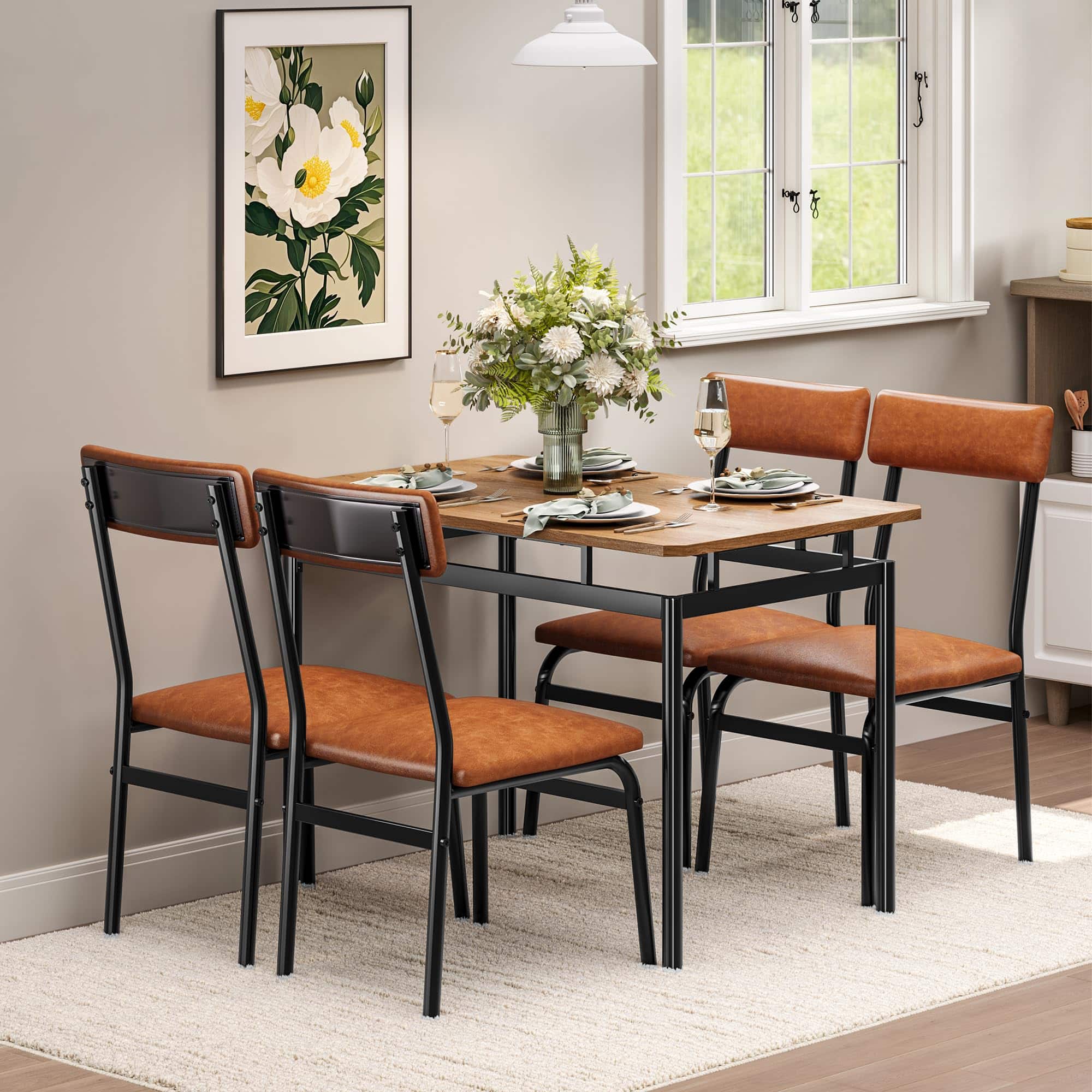 Homhougo - 5-Pc Rectangular Dining Set – Wood Table + 4 Faux Leather Chairs, Modern Style - Natural